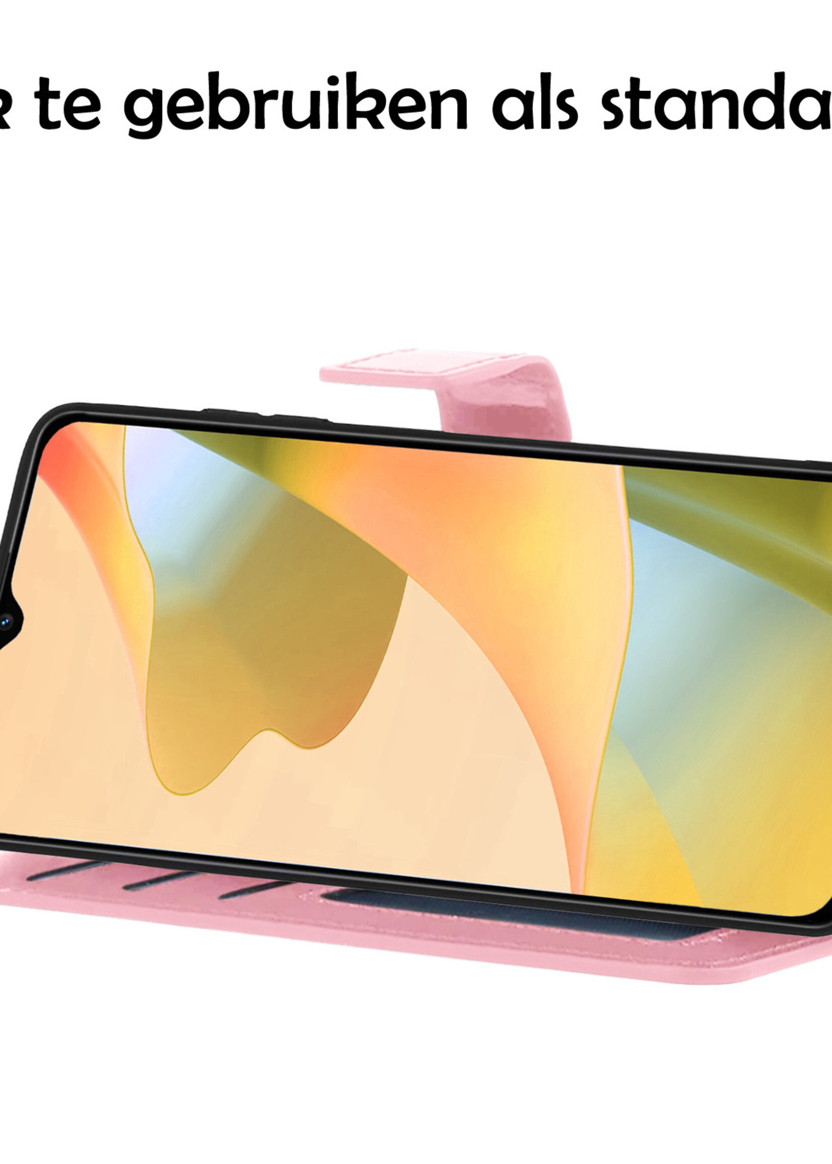 LUQ Hoesje Geschikt voor OPPO A16 Hoesje Book Case Hoes Wallet Cover Met 2x Screenprotector - Hoes Geschikt voor OPPO A16 Hoesje Bookcase Hoes - Lichtroze