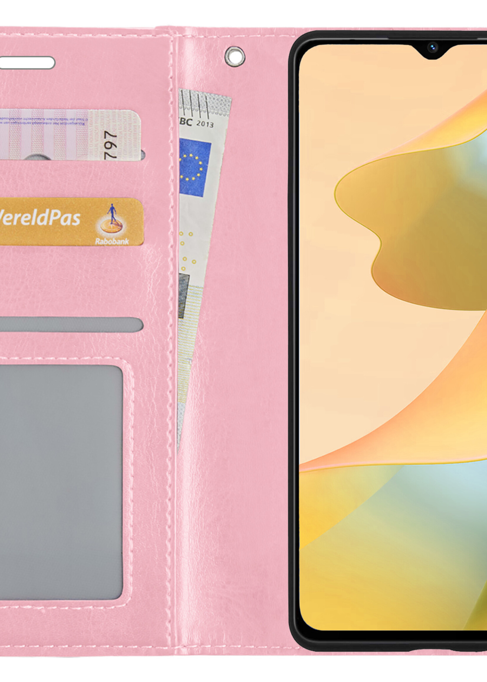 LUQ Hoesje Geschikt voor OPPO A16 Hoesje Book Case Hoes Wallet Cover Met 2x Screenprotector - Hoes Geschikt voor OPPO A16 Hoesje Bookcase Hoes - Lichtroze