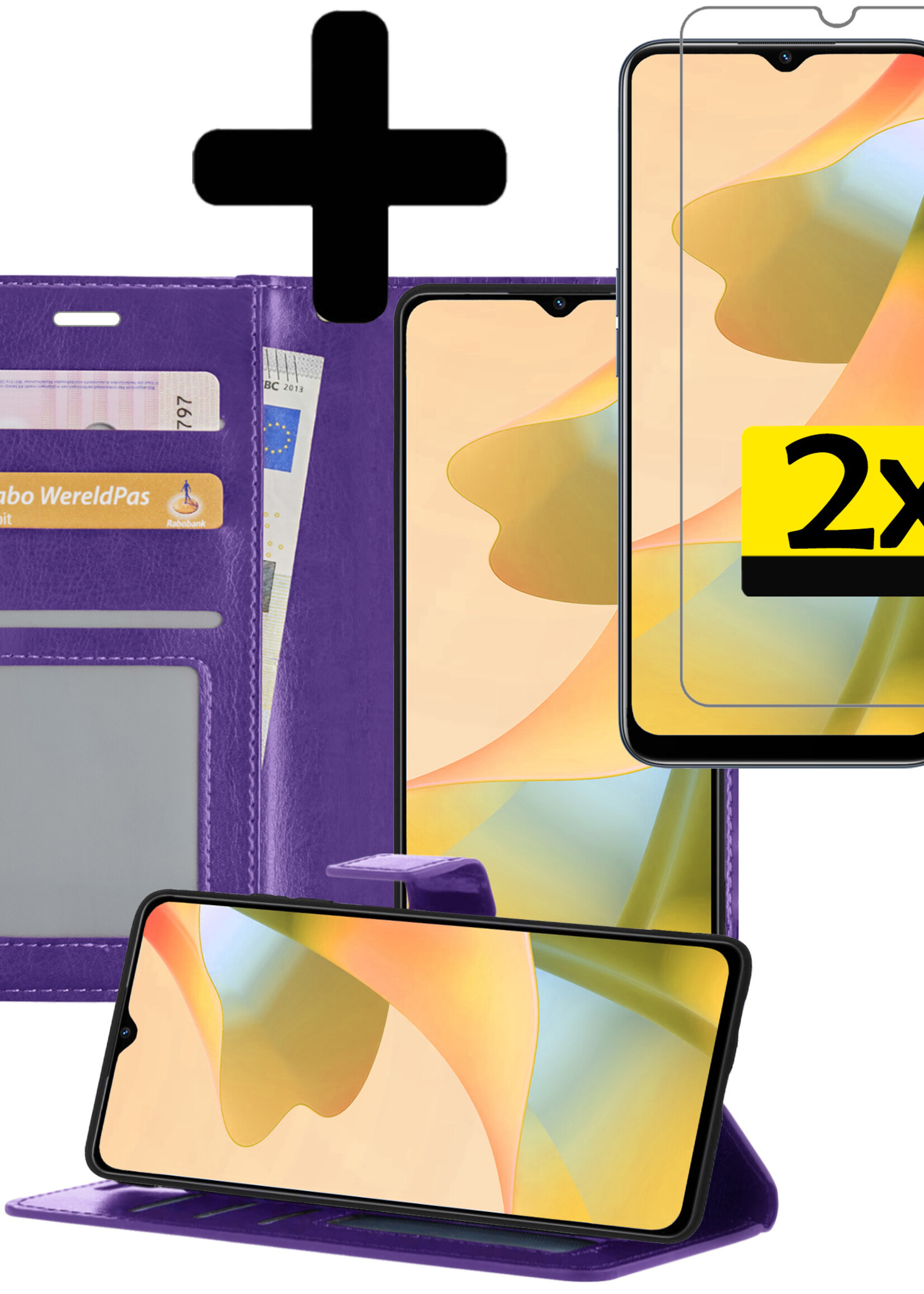 LUQ Hoesje Geschikt voor OPPO A16 Hoesje Book Case Hoes Wallet Cover Met 2x Screenprotector - Hoes Geschikt voor OPPO A16 Hoesje Bookcase Hoes - Paars