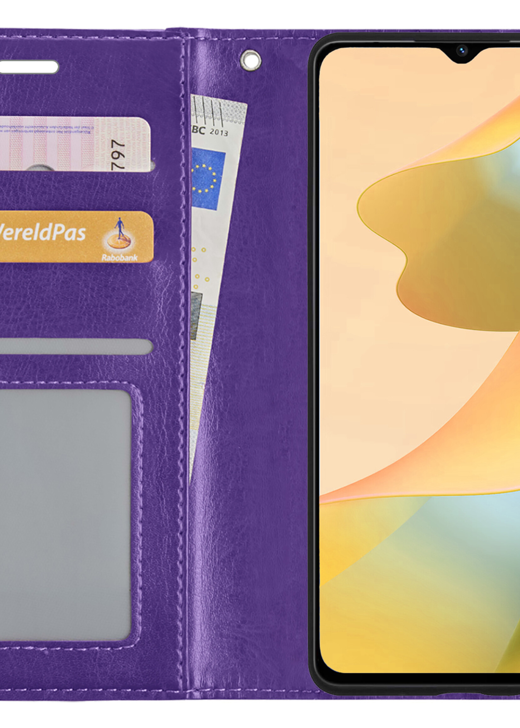 LUQ Hoesje Geschikt voor OPPO A16 Hoesje Book Case Hoes Wallet Cover Met 2x Screenprotector - Hoes Geschikt voor OPPO A16 Hoesje Bookcase Hoes - Paars