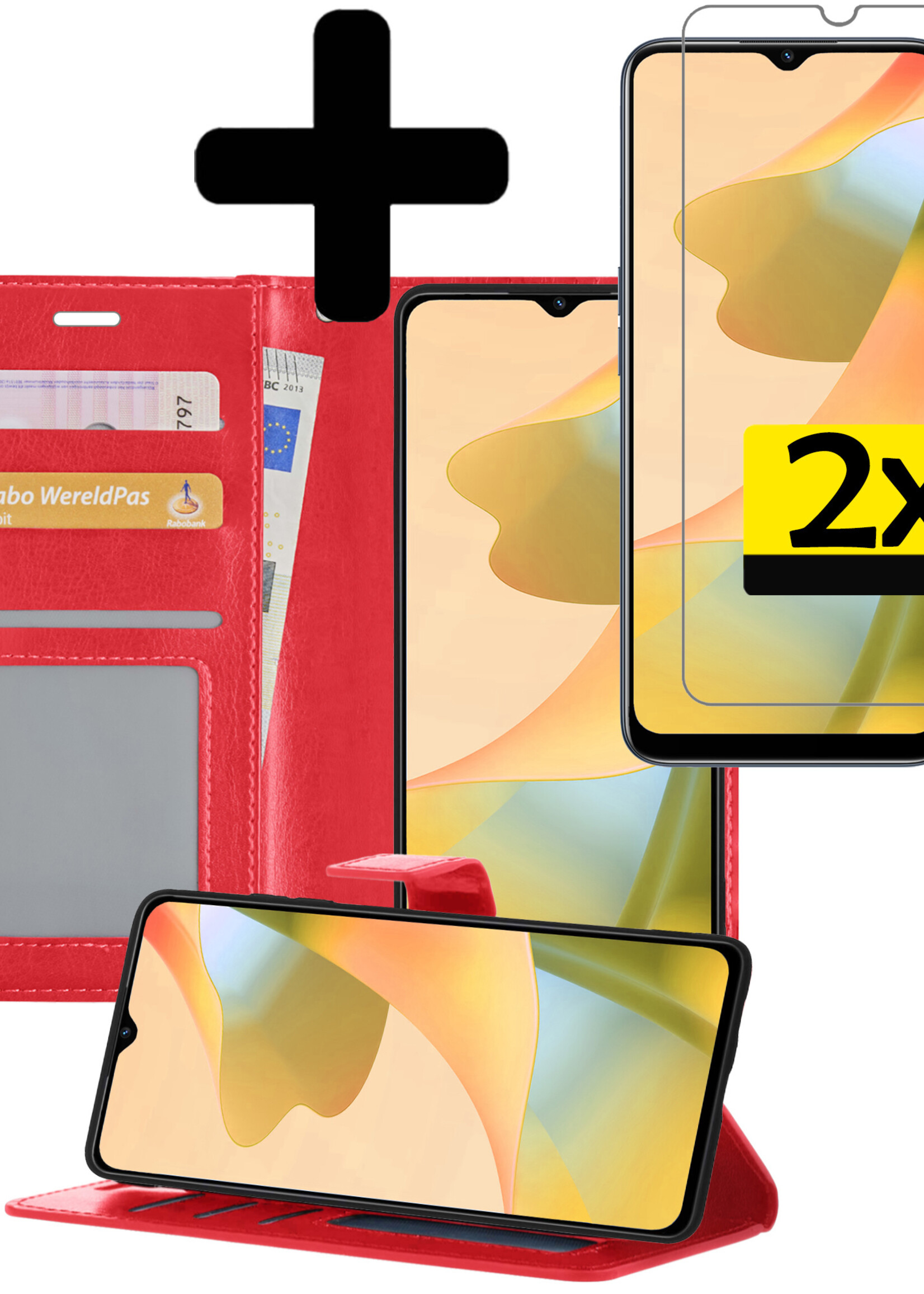 LUQ Hoesje Geschikt voor OPPO A16 Hoesje Book Case Hoes Wallet Cover Met 2x Screenprotector - Hoes Geschikt voor OPPO A16 Hoesje Bookcase Hoes - Rood