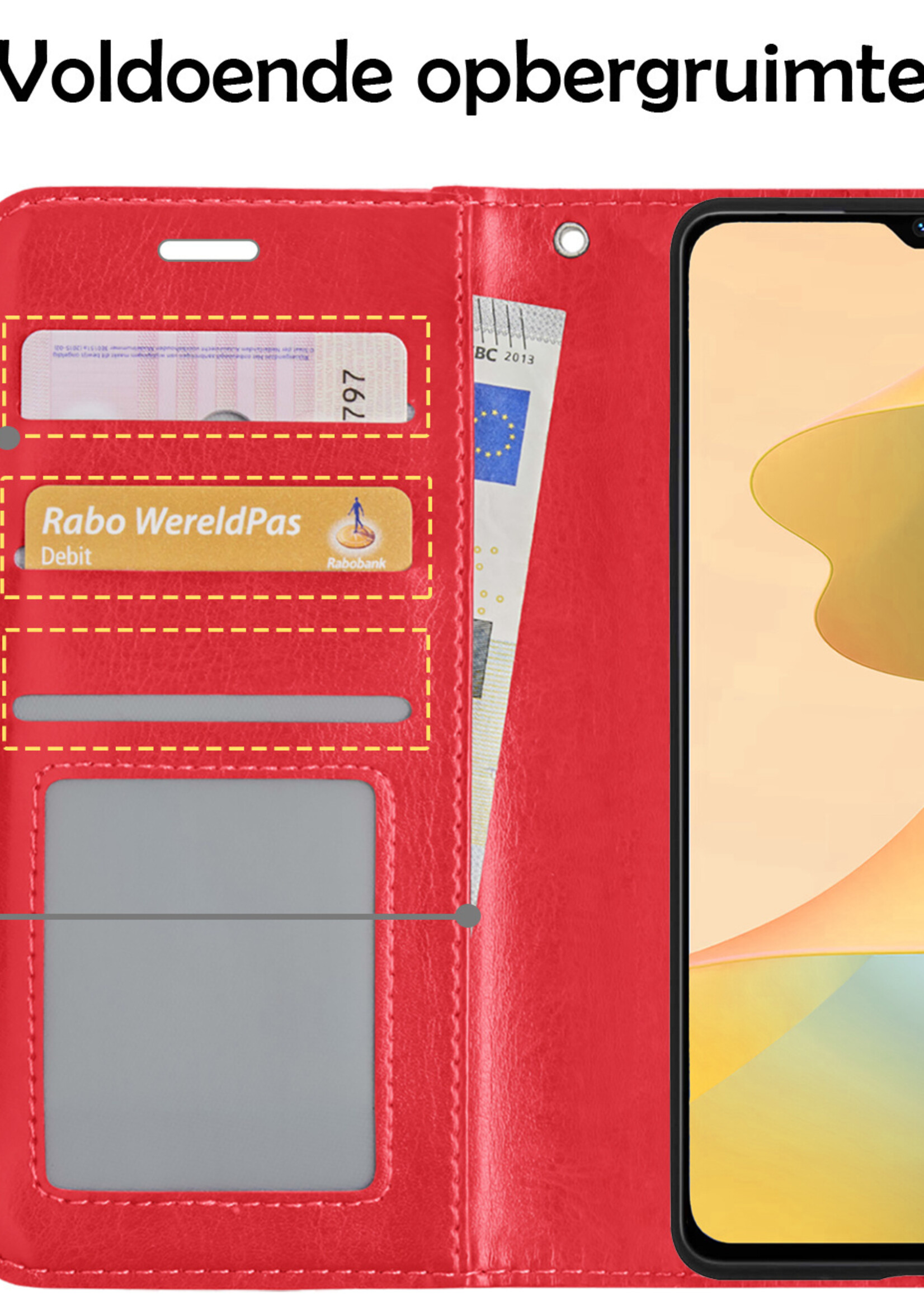 LUQ Hoesje Geschikt voor OPPO A16 Hoesje Book Case Hoes Wallet Cover Met 2x Screenprotector - Hoes Geschikt voor OPPO A16 Hoesje Bookcase Hoes - Rood