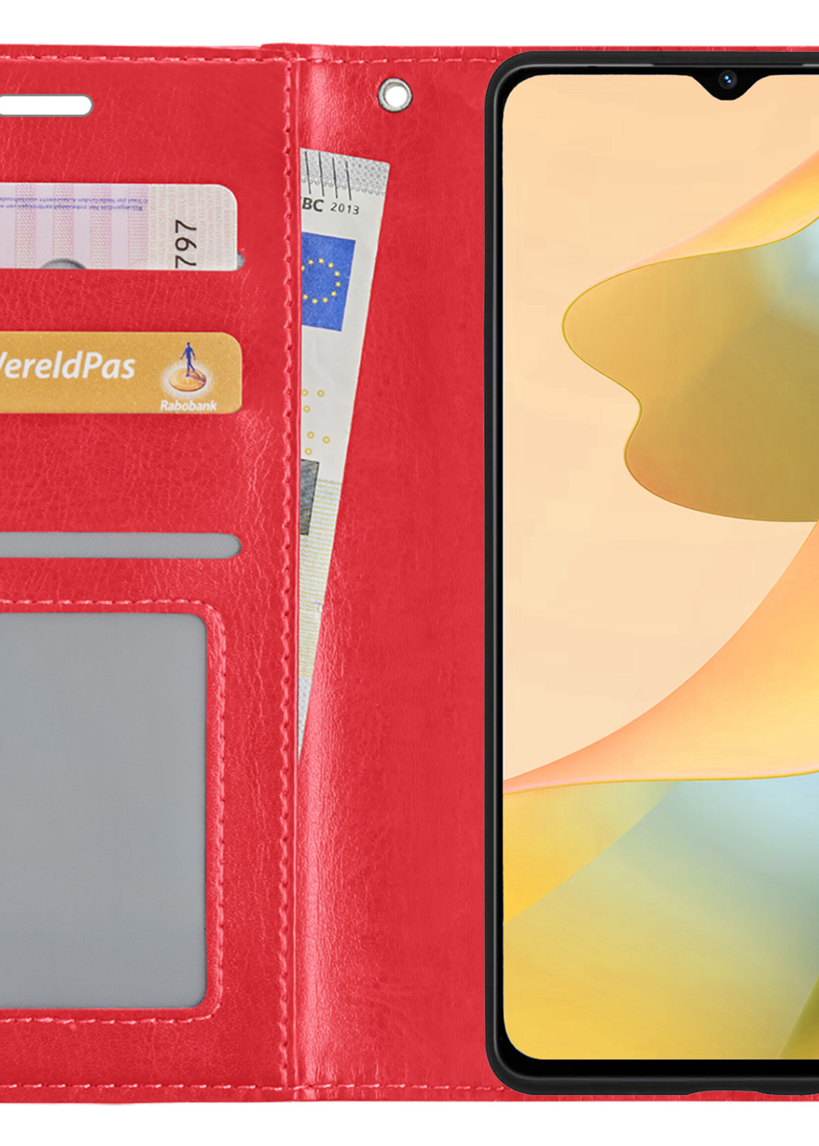 LUQ Hoesje Geschikt voor OPPO A16 Hoesje Book Case Hoes Wallet Cover Met 2x Screenprotector - Hoes Geschikt voor OPPO A16 Hoesje Bookcase Hoes - Rood