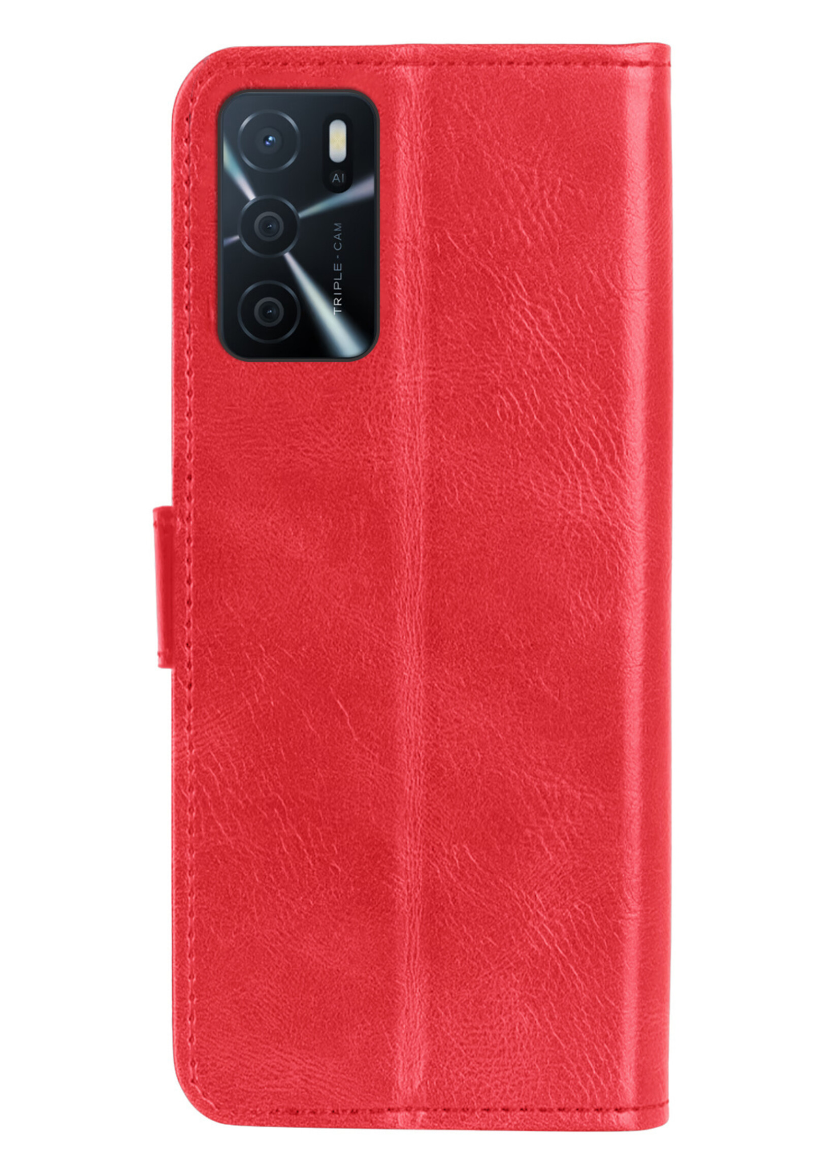 LUQ Hoesje Geschikt voor OPPO A16 Hoesje Book Case Hoes Wallet Cover Met 2x Screenprotector - Hoes Geschikt voor OPPO A16 Hoesje Bookcase Hoes - Rood