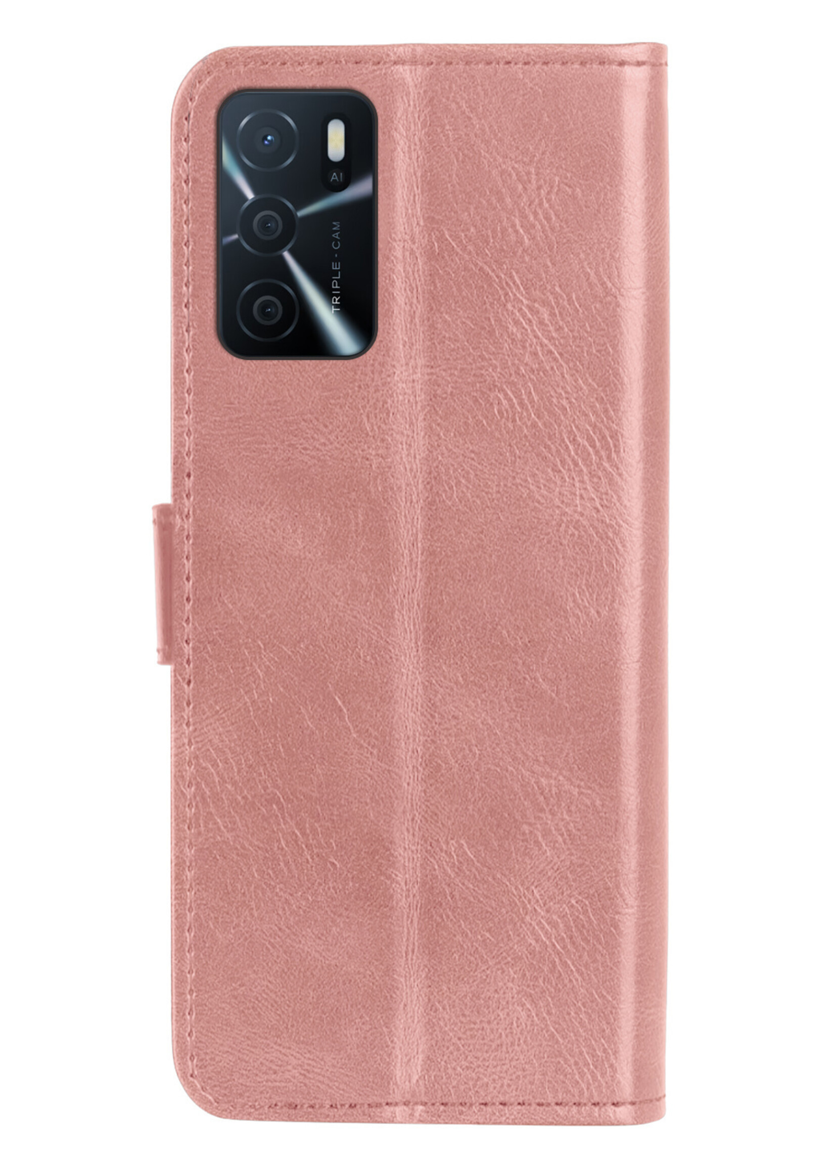 LUQ Hoesje Geschikt voor OPPO A16 Hoesje Book Case Hoes Wallet Cover Met 2x Screenprotector - Hoes Geschikt voor OPPO A16 Hoesje Bookcase Hoes - Rosé goud