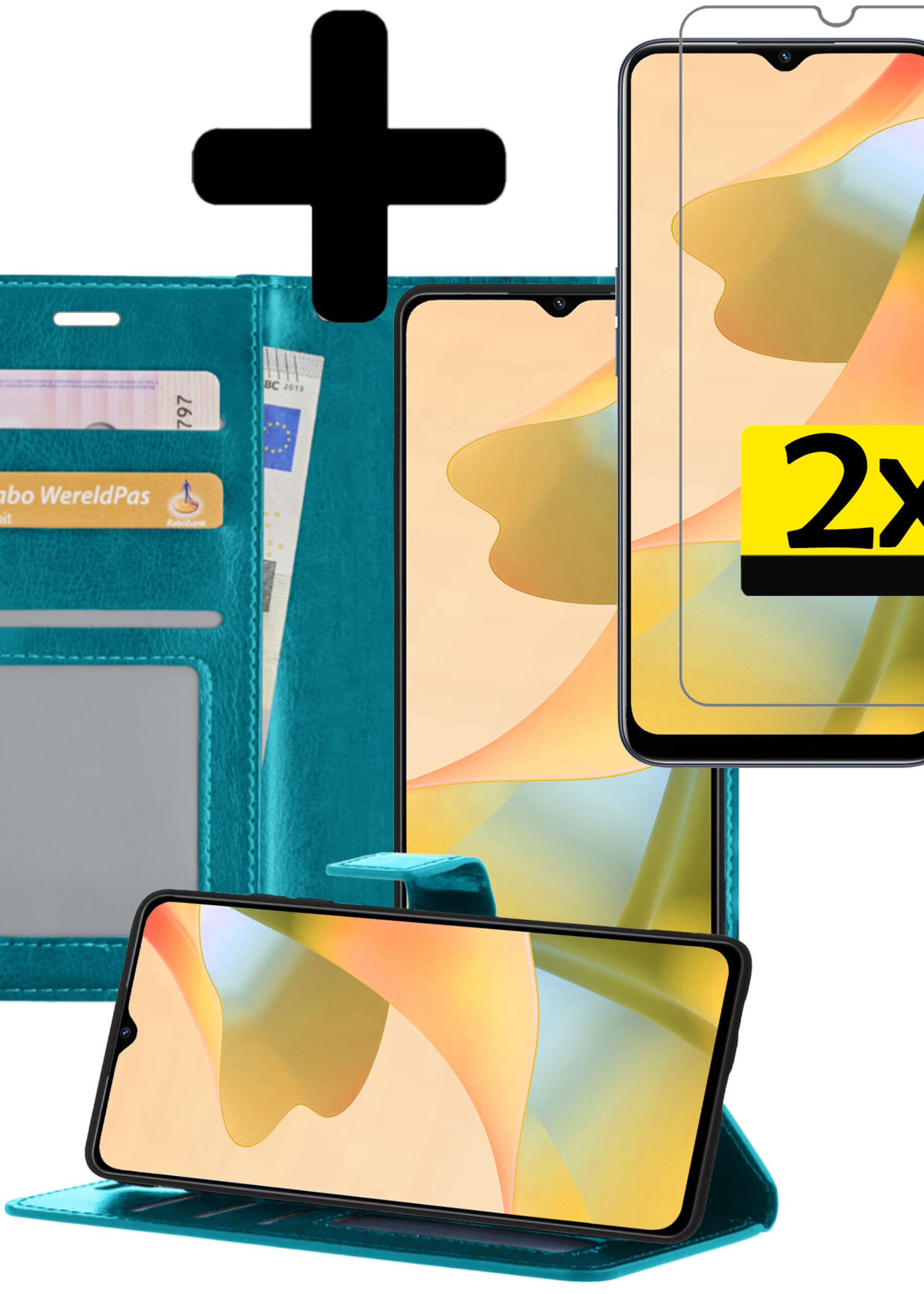 LUQ Hoesje Geschikt voor OPPO A16 Hoesje Book Case Hoes Wallet Cover Met 2x Screenprotector - Hoes Geschikt voor OPPO A16 Hoesje Bookcase Hoes - Turquoise