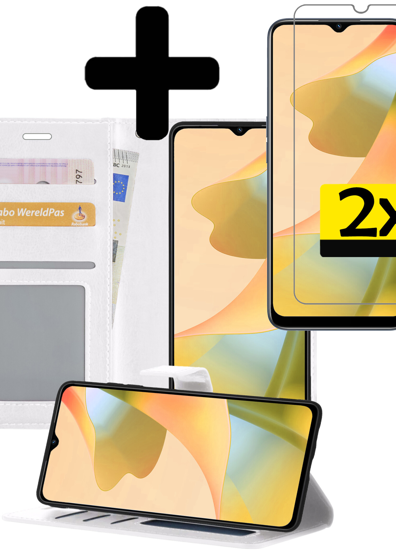 LUQ Hoesje Geschikt voor OPPO A16 Hoesje Book Case Hoes Wallet Cover Met 2x Screenprotector - Hoes Geschikt voor OPPO A16 Hoesje Bookcase Hoes - Wit