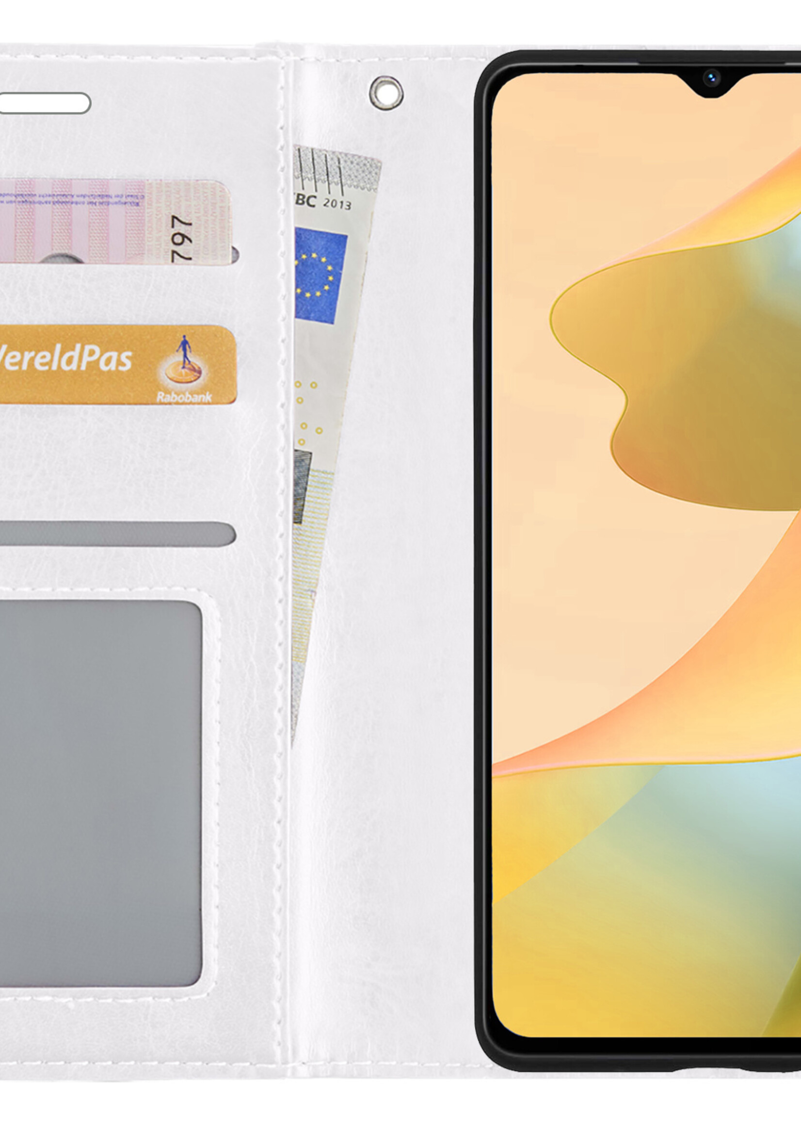 LUQ Hoesje Geschikt voor OPPO A16 Hoesje Book Case Hoes Wallet Cover Met 2x Screenprotector - Hoes Geschikt voor OPPO A16 Hoesje Bookcase Hoes - Wit