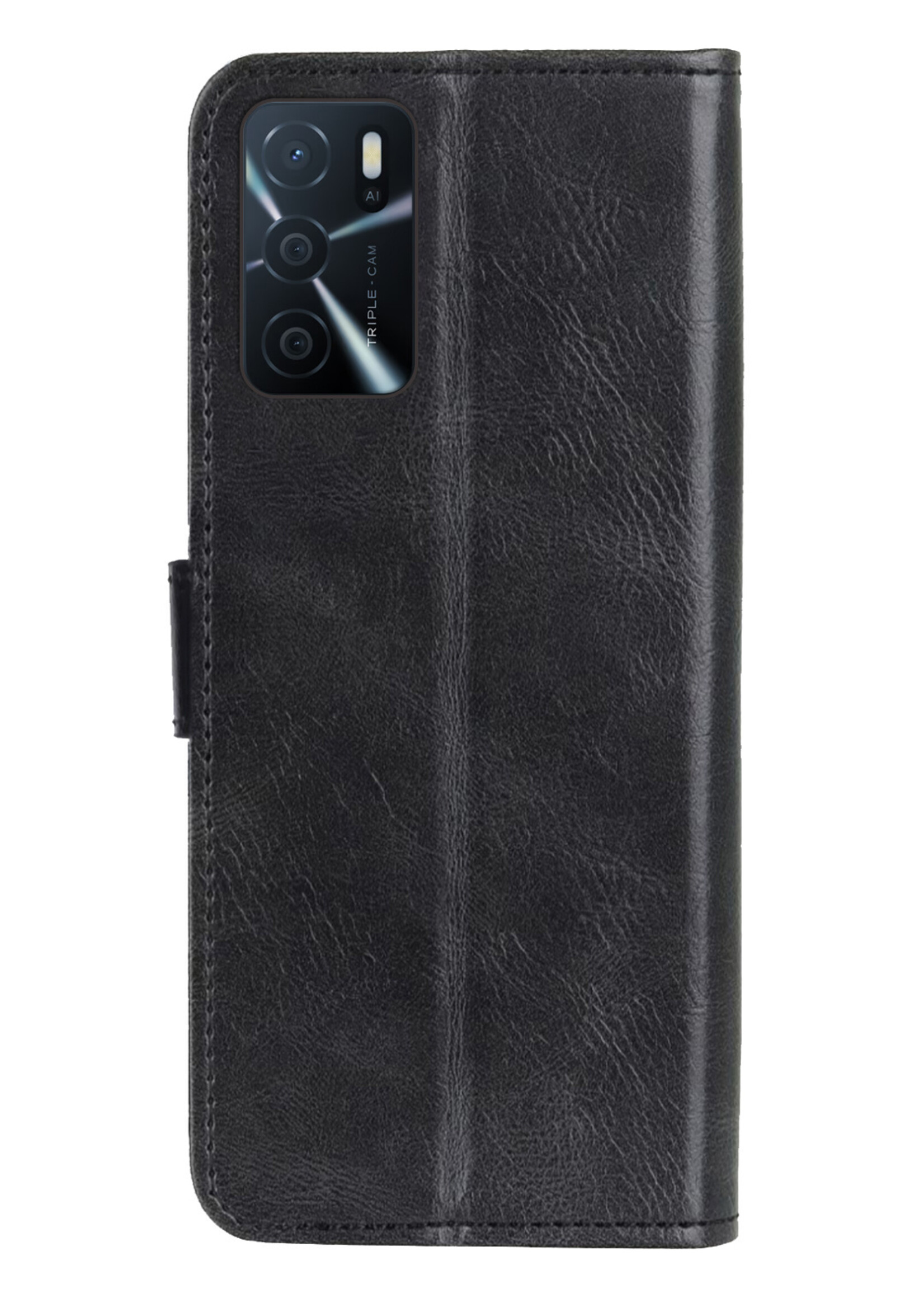 LUQ Hoesje Geschikt voor OPPO A16 Hoesje Book Case Hoes Wallet Cover Met 2x Screenprotector - Hoes Geschikt voor OPPO A16 Hoesje Bookcase Hoes - Zwart