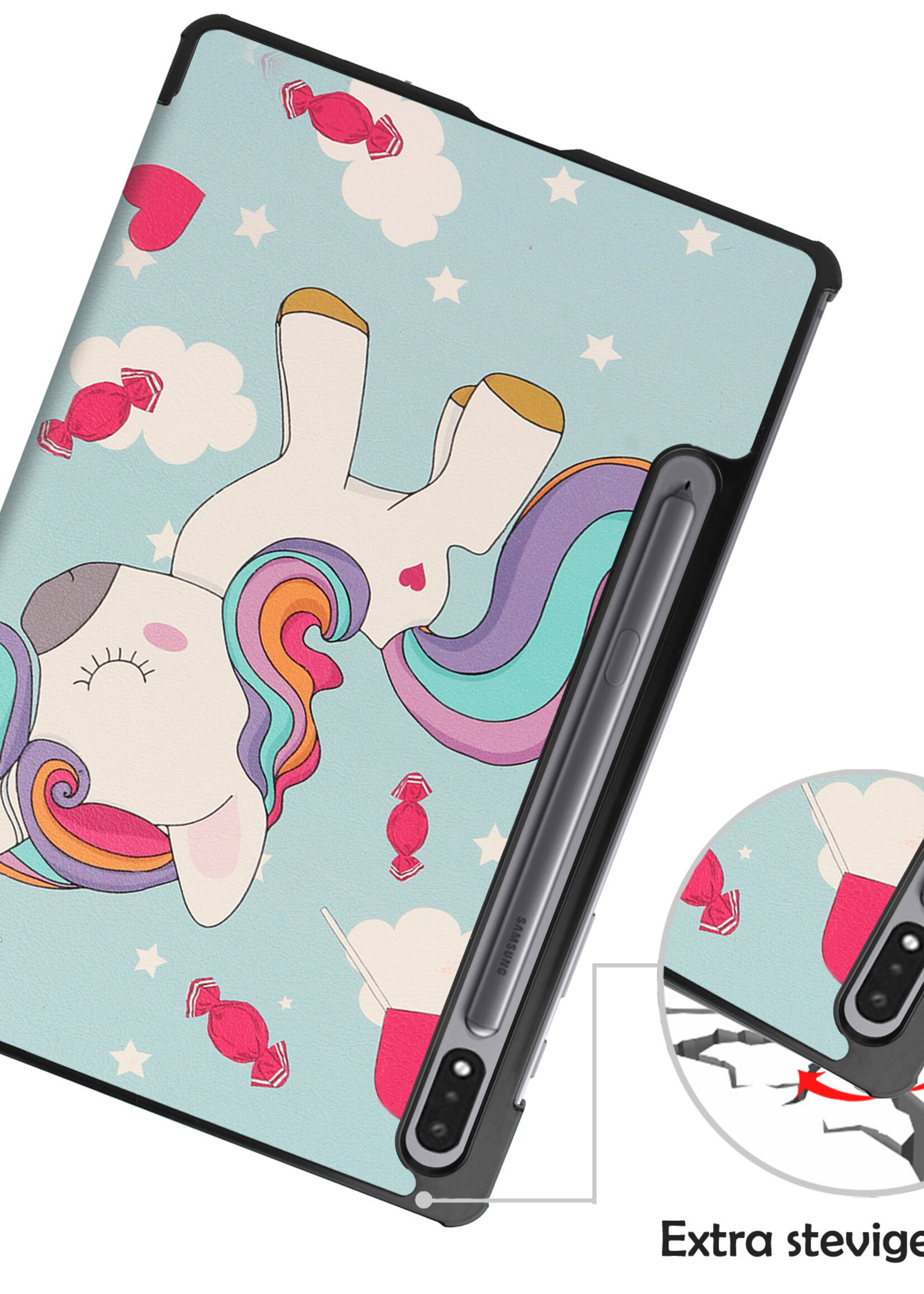 LUQ Hoes Geschikt voor Samsung Galaxy Tab S8 Hoes Luxe Hoesje Book Case Met Screenprotector - Hoesje Geschikt voor Samsung Tab S8 Hoes Cover - Eenhoorn