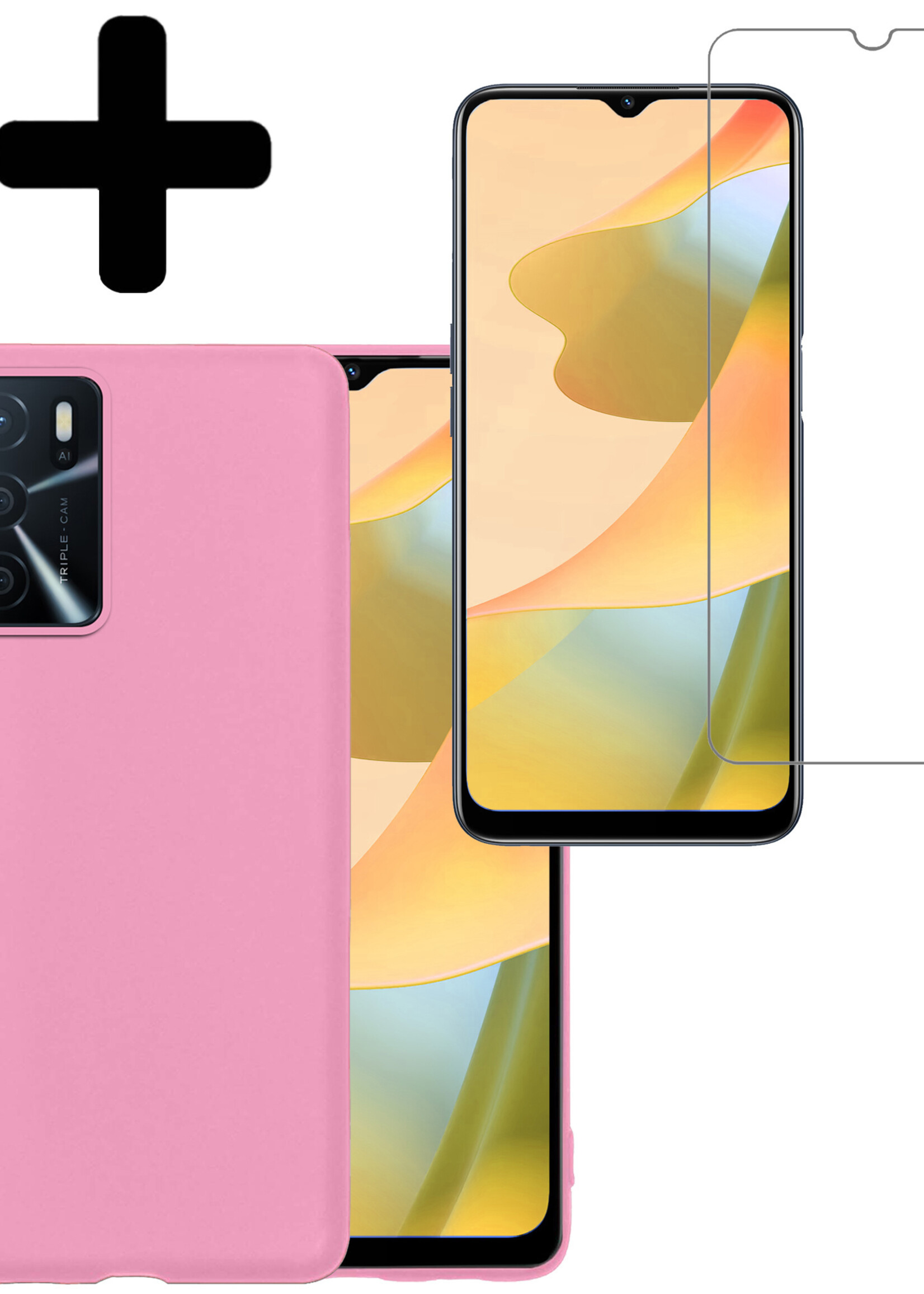 LUQ Hoesje Geschikt voor OPPO A16s Hoesje Siliconen Case Met Screenprotector - Hoes Geschikt voor OPPO A16s Hoes Siliconen - Lichtroze