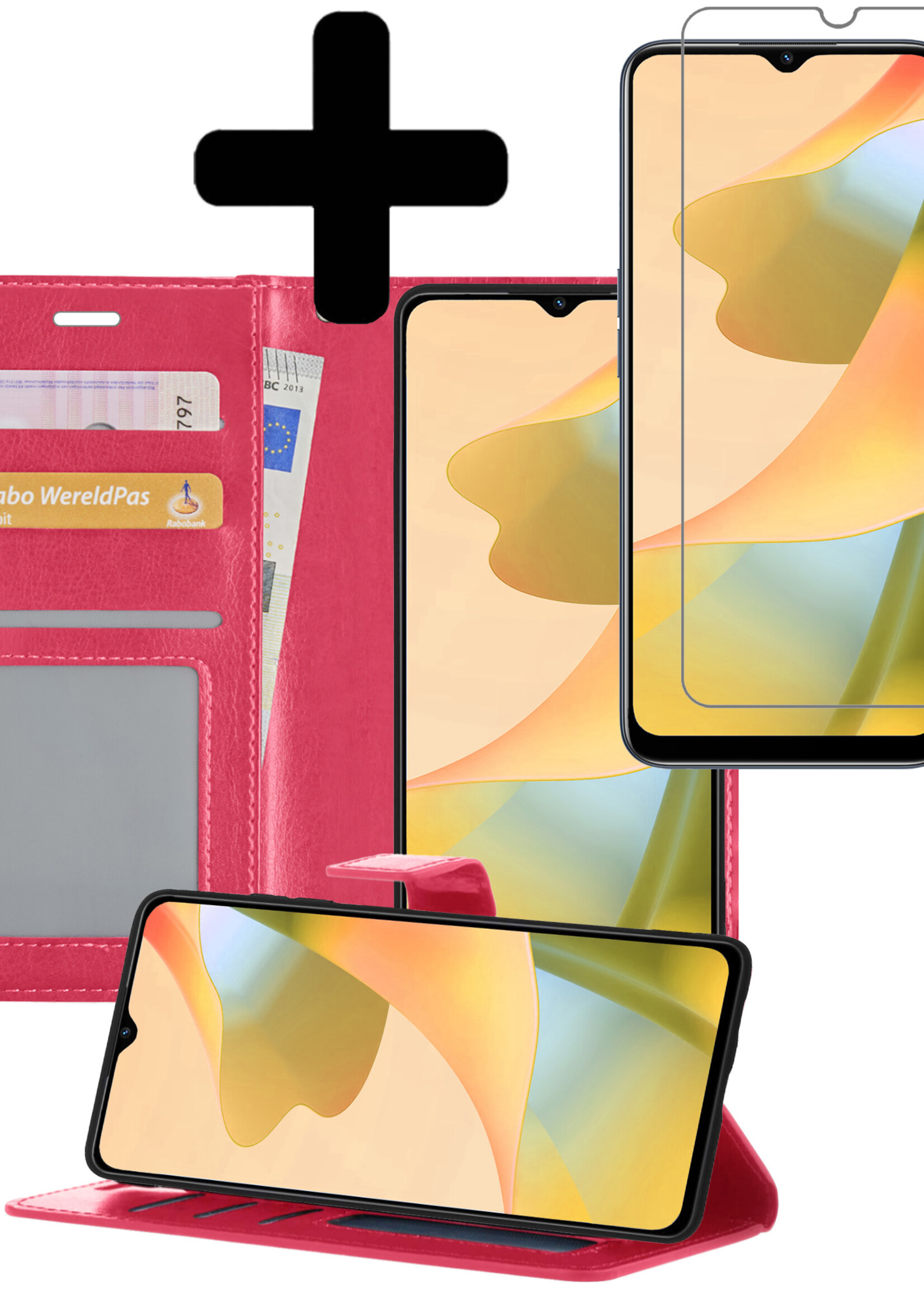 LUQ Hoesje Geschikt voor OPPO A16s Hoesje Book Case Hoes Wallet Cover Met Screenprotector - Hoes Geschikt voor OPPO A16s Hoesje Bookcase Hoes - Donkerroze