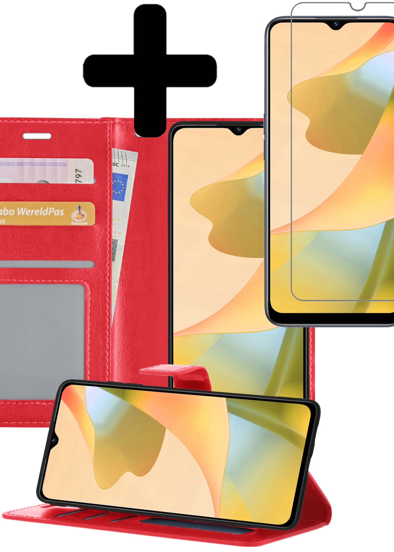 LUQ Hoesje Geschikt voor OPPO A16s Hoesje Book Case Hoes Wallet Cover Met Screenprotector - Hoes Geschikt voor OPPO A16s Hoesje Bookcase Hoes - Rood