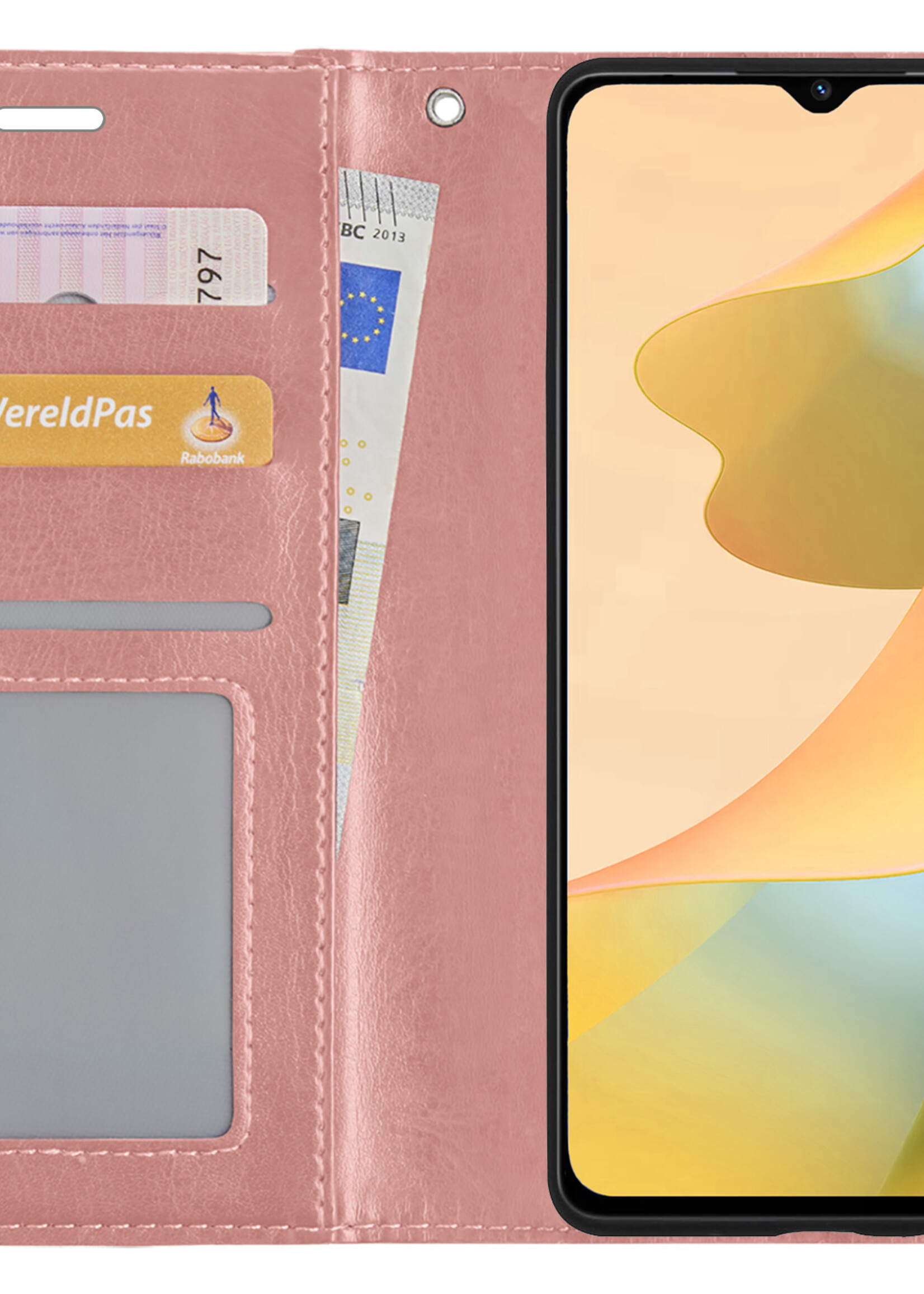 LUQ Hoesje Geschikt voor OPPO A16s Hoesje Book Case Hoes Wallet Cover Met Screenprotector - Hoes Geschikt voor OPPO A16s Hoesje Bookcase Hoes - Rosé goud