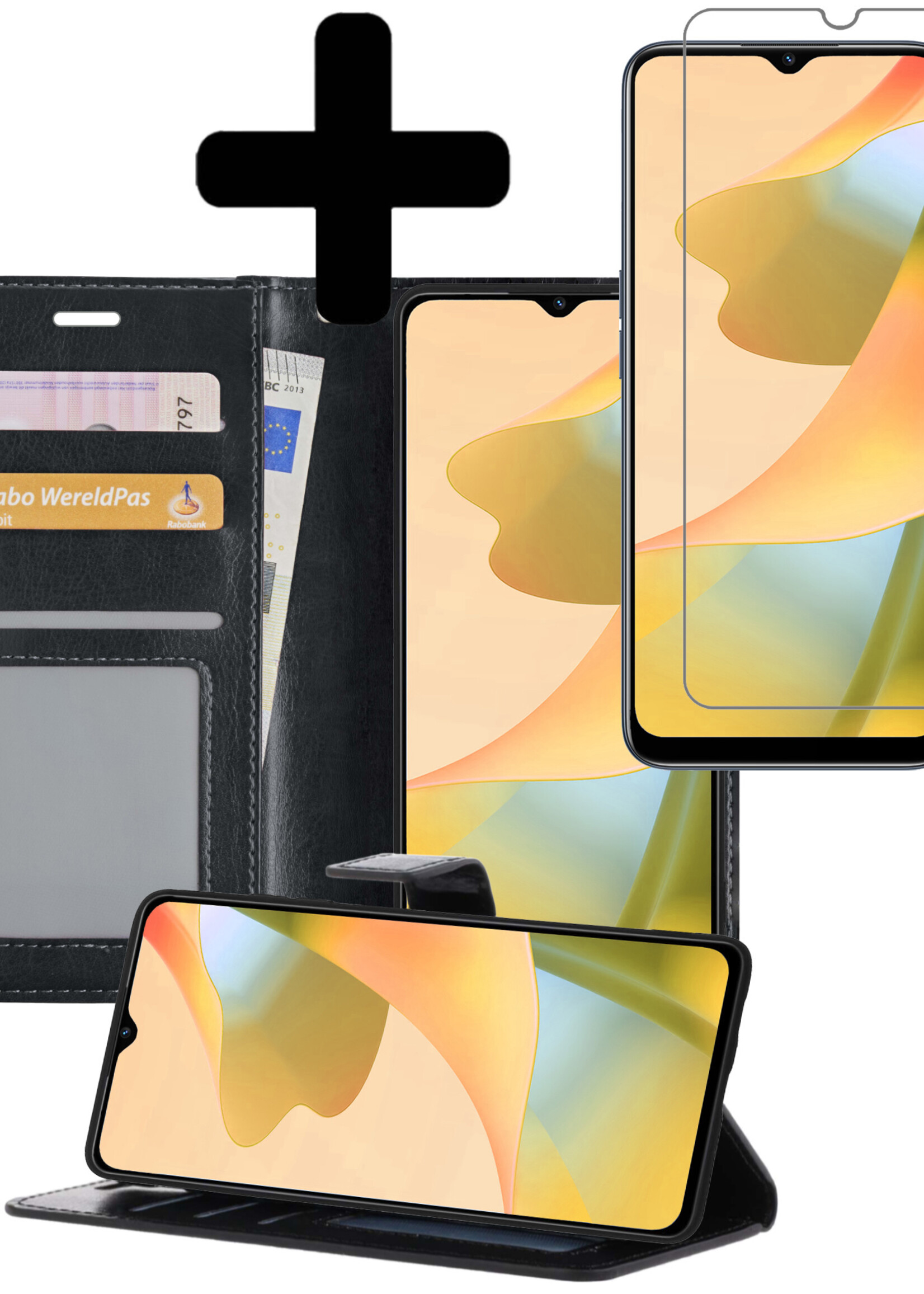 LUQ Hoesje Geschikt voor OPPO A16s Hoesje Book Case Hoes Wallet Cover Met Screenprotector - Hoes Geschikt voor OPPO A16s Hoesje Bookcase Hoes - Zwart