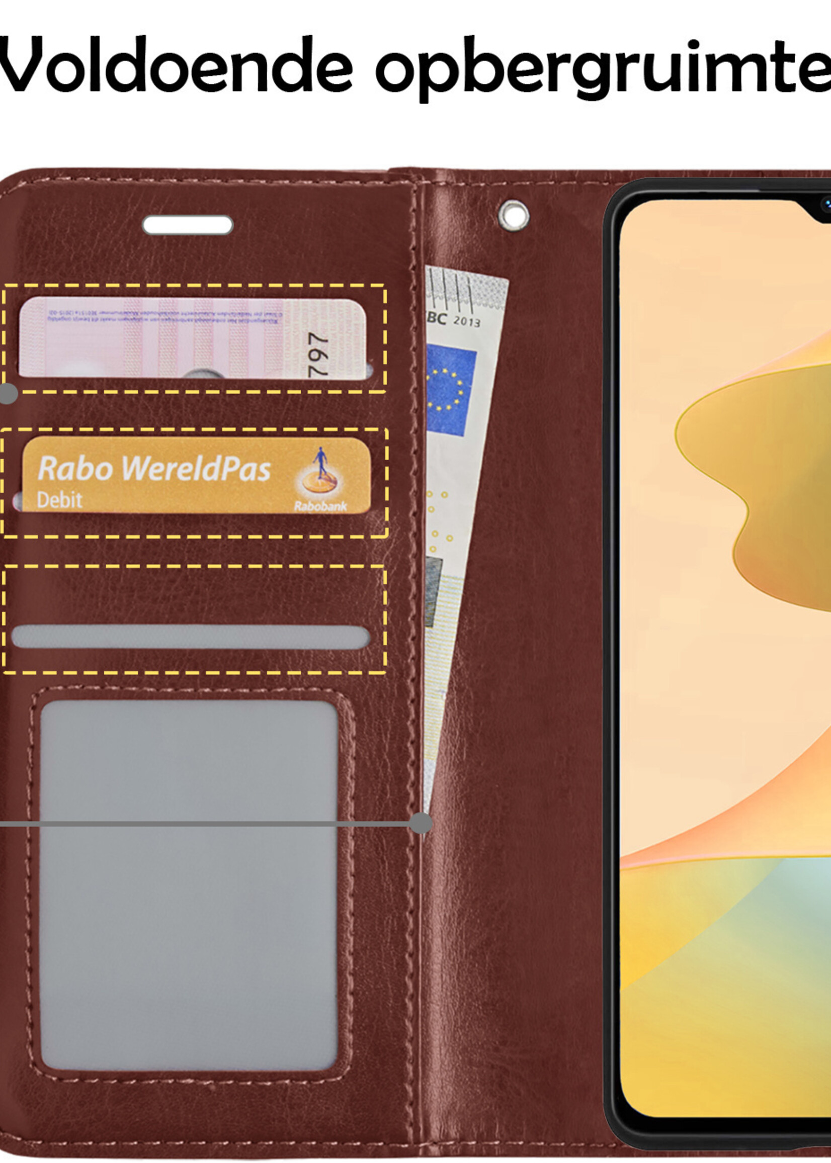 LUQ Hoesje Geschikt voor OPPO A16s Hoesje Book Case Hoes Wallet Cover Met 2x Screenprotector - Hoes Geschikt voor OPPO A16s Hoesje Bookcase Hoes - Bruin