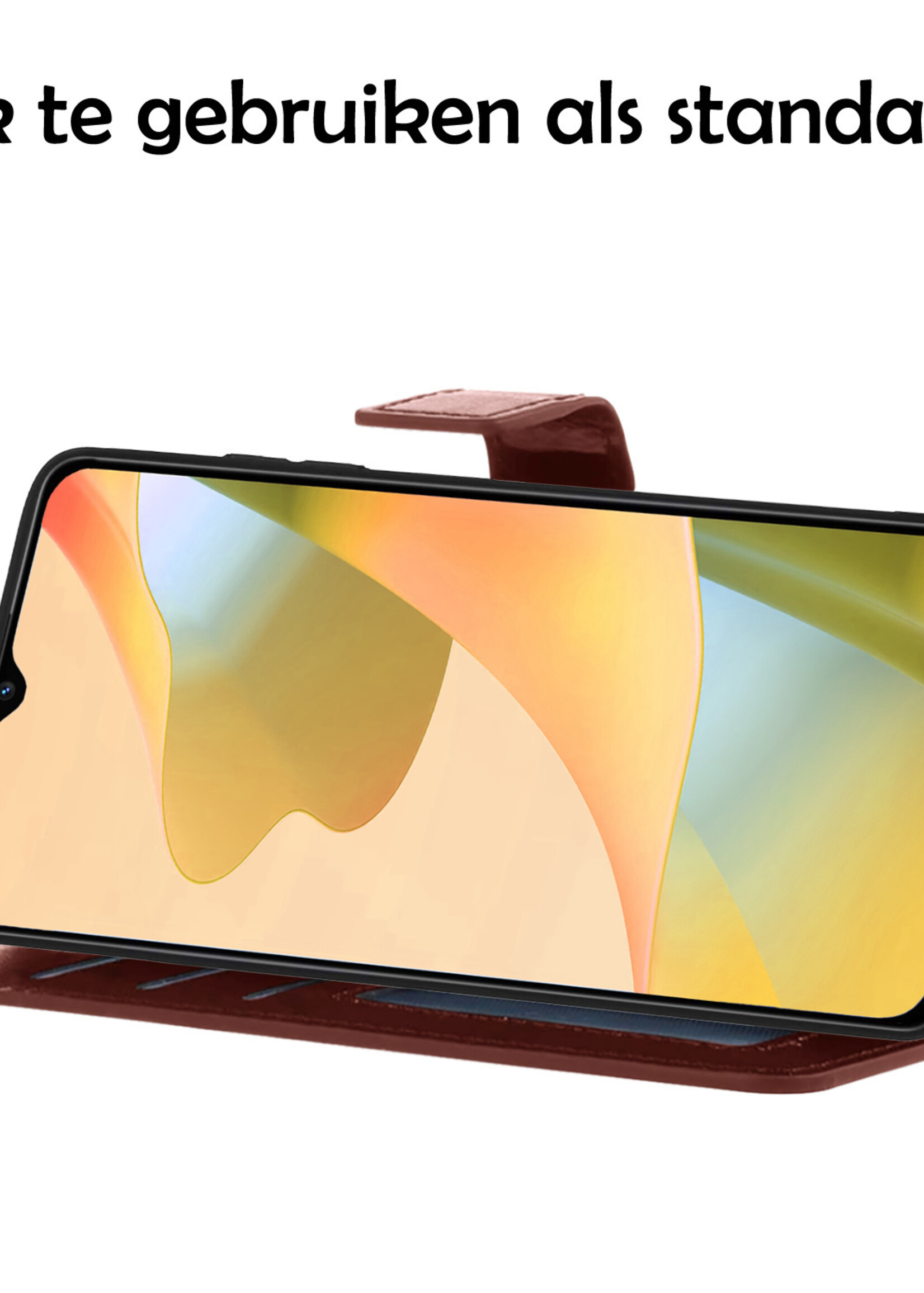 LUQ Hoesje Geschikt voor OPPO A16s Hoesje Book Case Hoes Wallet Cover Met 2x Screenprotector - Hoes Geschikt voor OPPO A16s Hoesje Bookcase Hoes - Bruin