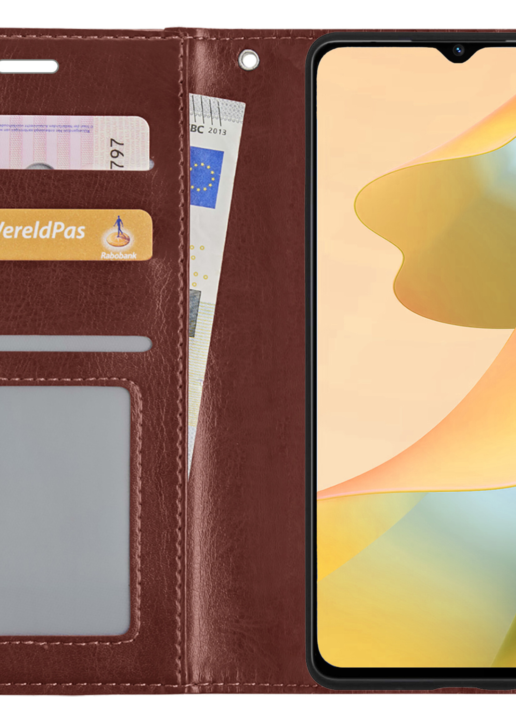 LUQ Hoesje Geschikt voor OPPO A16s Hoesje Book Case Hoes Wallet Cover Met 2x Screenprotector - Hoes Geschikt voor OPPO A16s Hoesje Bookcase Hoes - Bruin