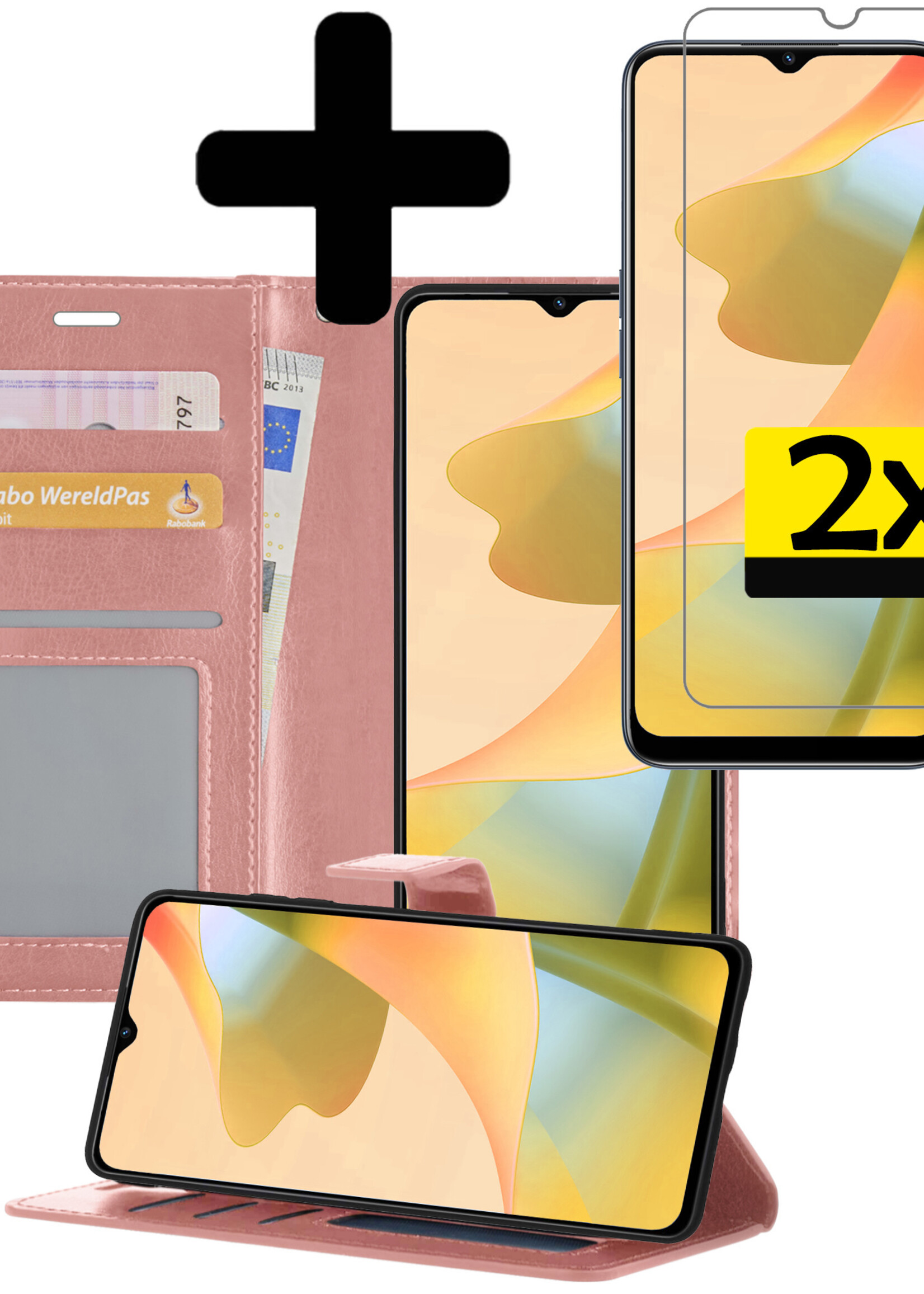 LUQ Hoesje Geschikt voor OPPO A16s Hoesje Book Case Hoes Wallet Cover Met 2x Screenprotector - Hoes Geschikt voor OPPO A16s Hoesje Bookcase Hoes - Rosé goud