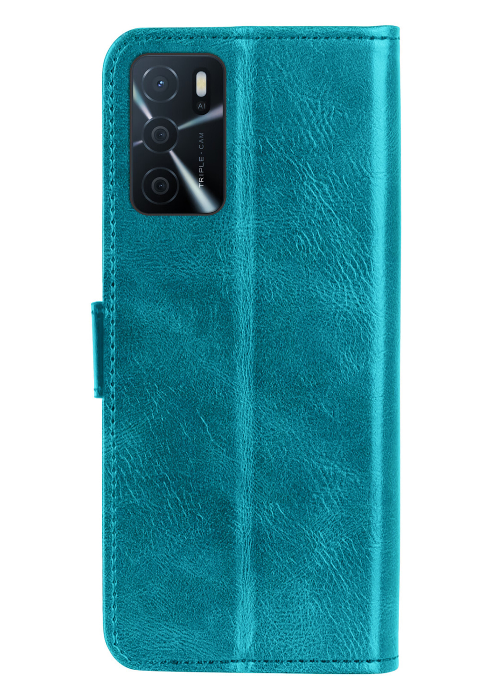 LUQ Hoesje Geschikt voor OPPO A16s Hoesje Book Case Hoes Wallet Cover Met 2x Screenprotector - Hoes Geschikt voor OPPO A16s Hoesje Bookcase Hoes - Turquoise