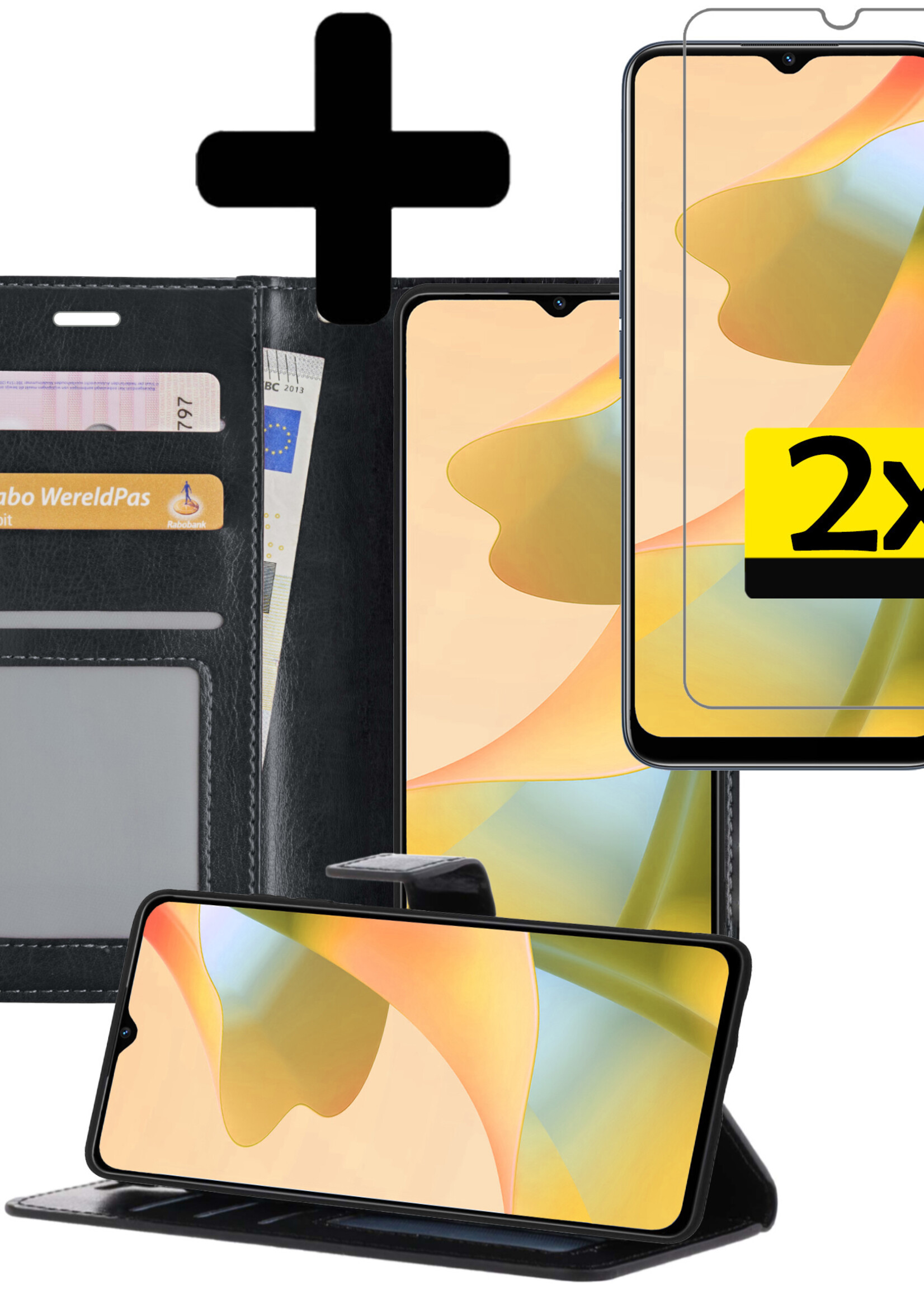 LUQ Hoesje Geschikt voor OPPO A16s Hoesje Book Case Hoes Wallet Cover Met 2x Screenprotector - Hoes Geschikt voor OPPO A16s Hoesje Bookcase Hoes - Zwart