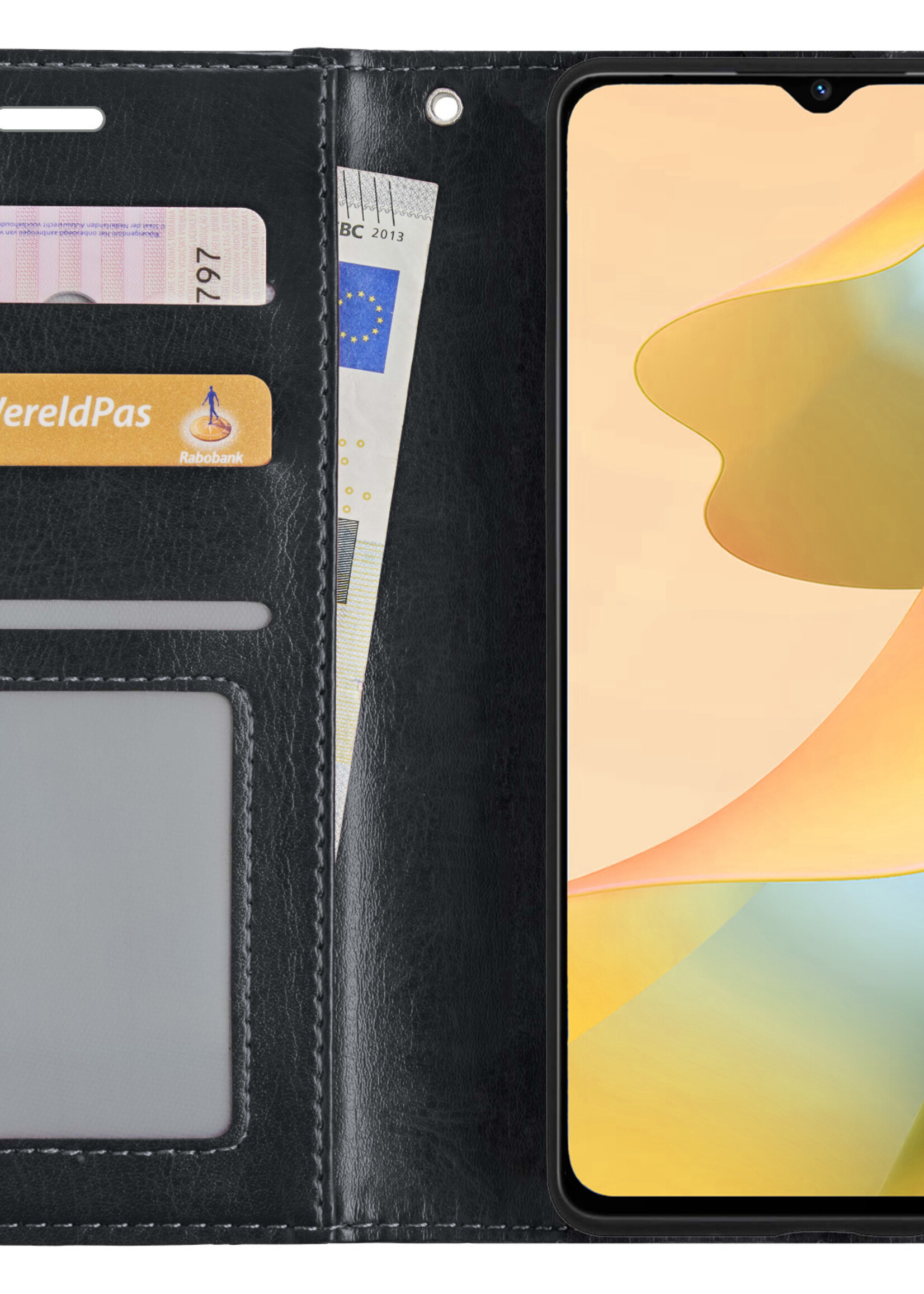 LUQ Hoesje Geschikt voor OPPO A16s Hoesje Book Case Hoes Wallet Cover Met 2x Screenprotector - Hoes Geschikt voor OPPO A16s Hoesje Bookcase Hoes - Zwart