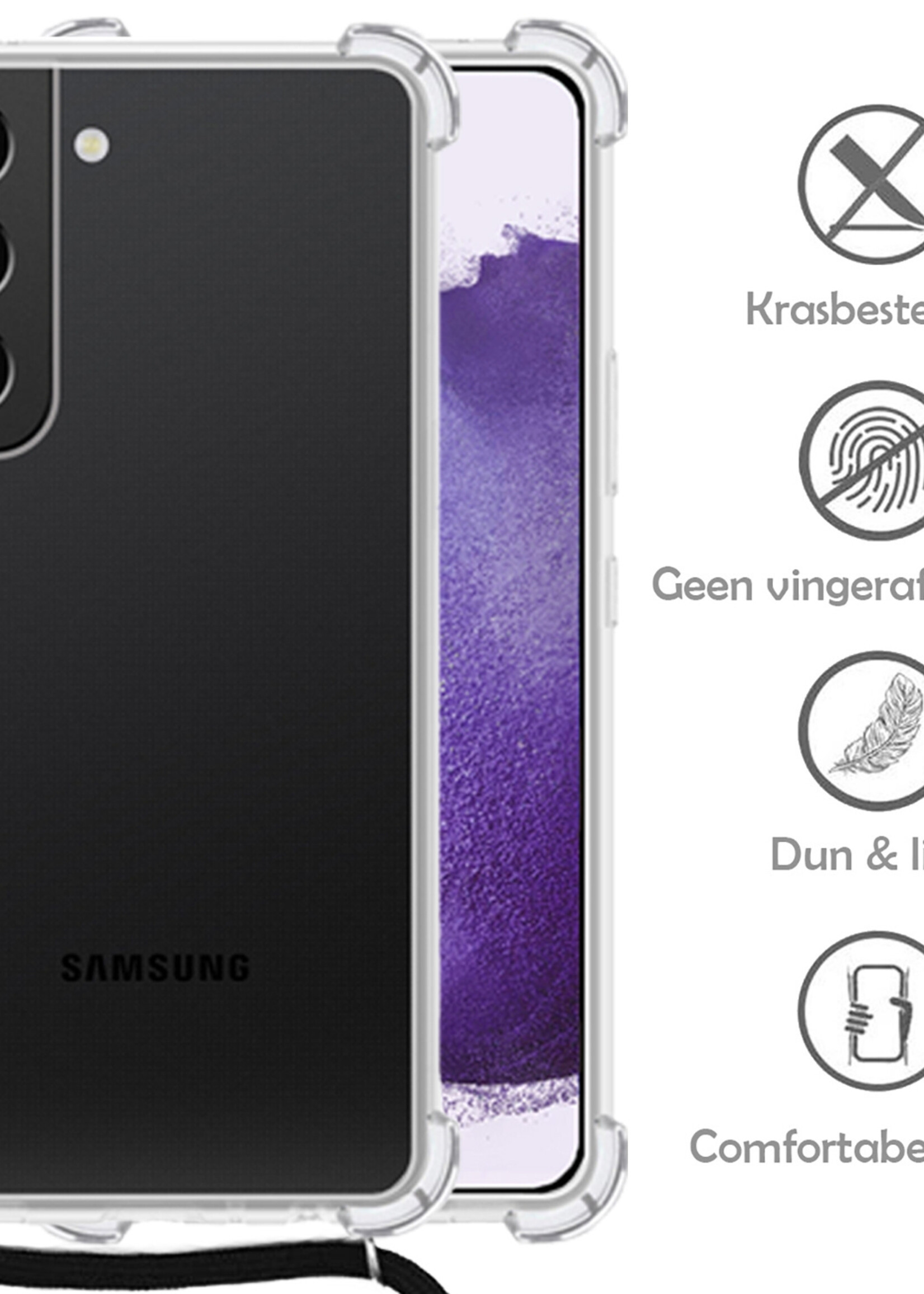 LUQ Hoesje Geschikt voor Samsung S21 Hoesje Shockproof Case Siliconen Hoes Met Koord - Transparant