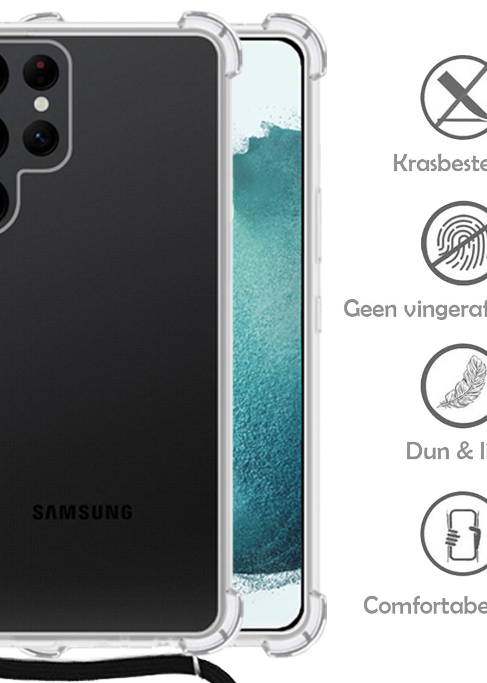 LUQ Hoesje Geschikt voor Samsung S21 Ultra Hoesje Shockproof Case Siliconen Hoes Met Koord - Transparant