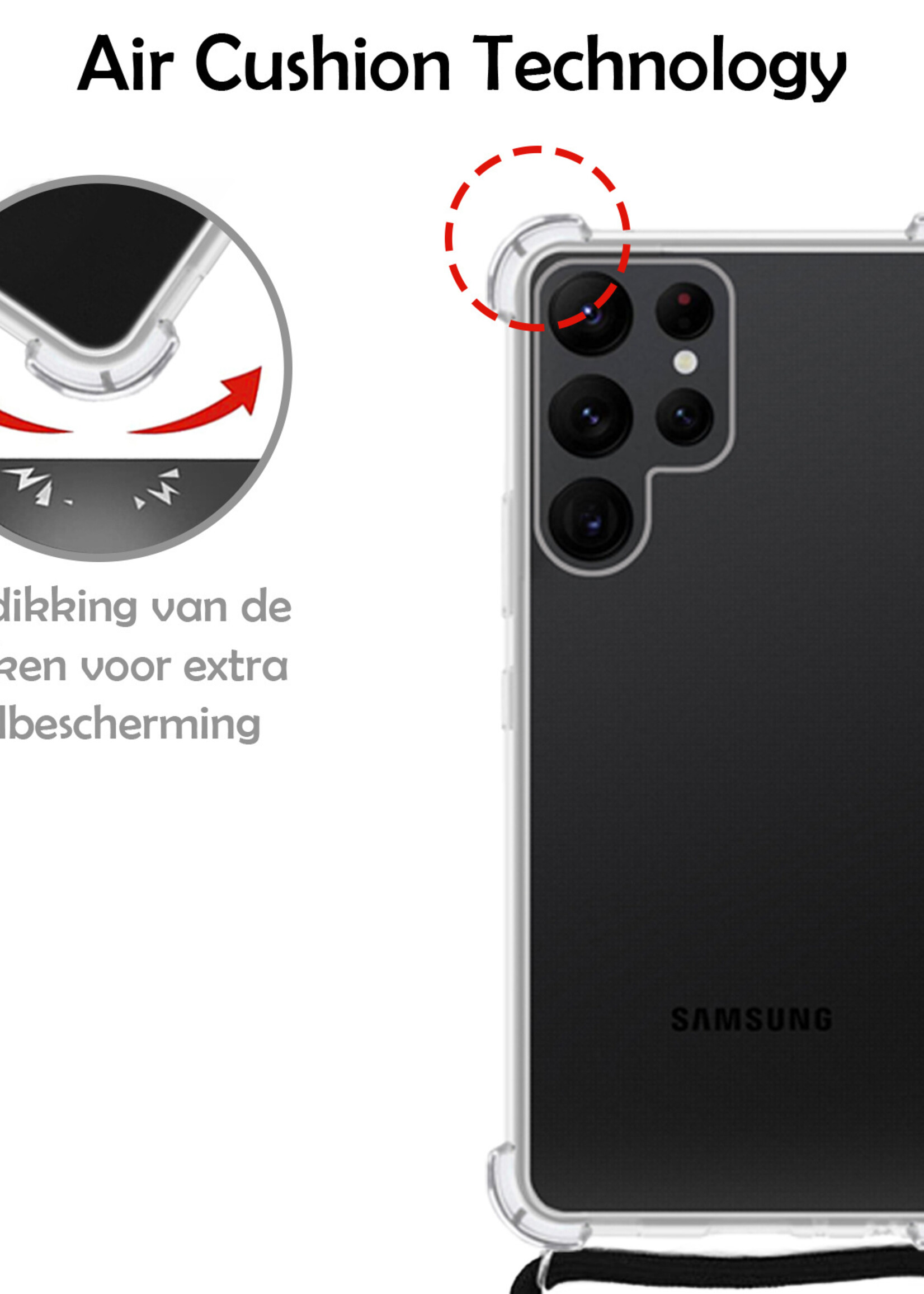 LUQ Hoesje Geschikt voor Samsung S21 Ultra Hoesje Shockproof Case Siliconen Hoes Met Koord - Transparant