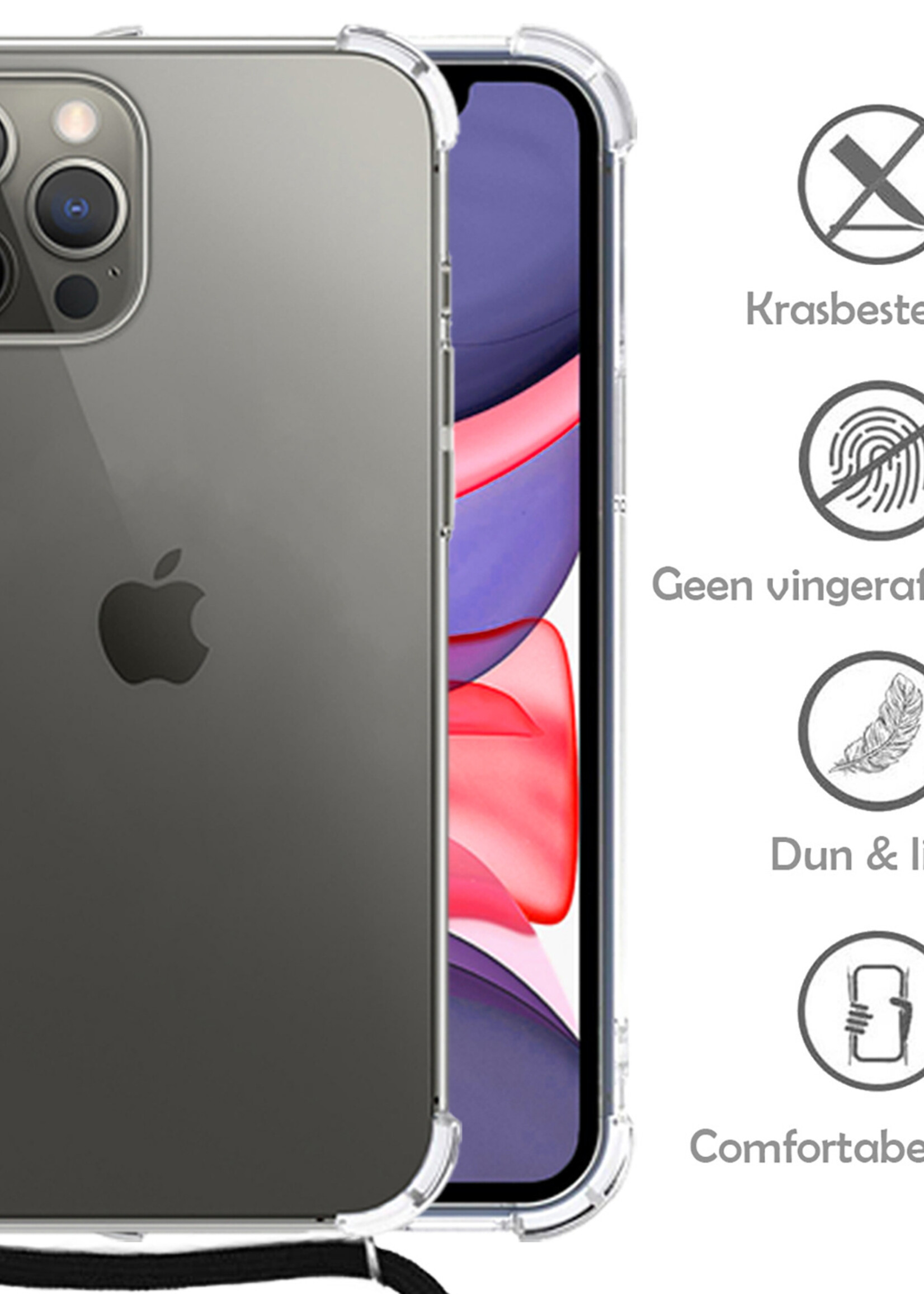 LUQ Hoesje Geschikt voor iPhone 11 Pro Max Hoesje Shockproof Case Siliconen Hoes Met Koord - Transparant