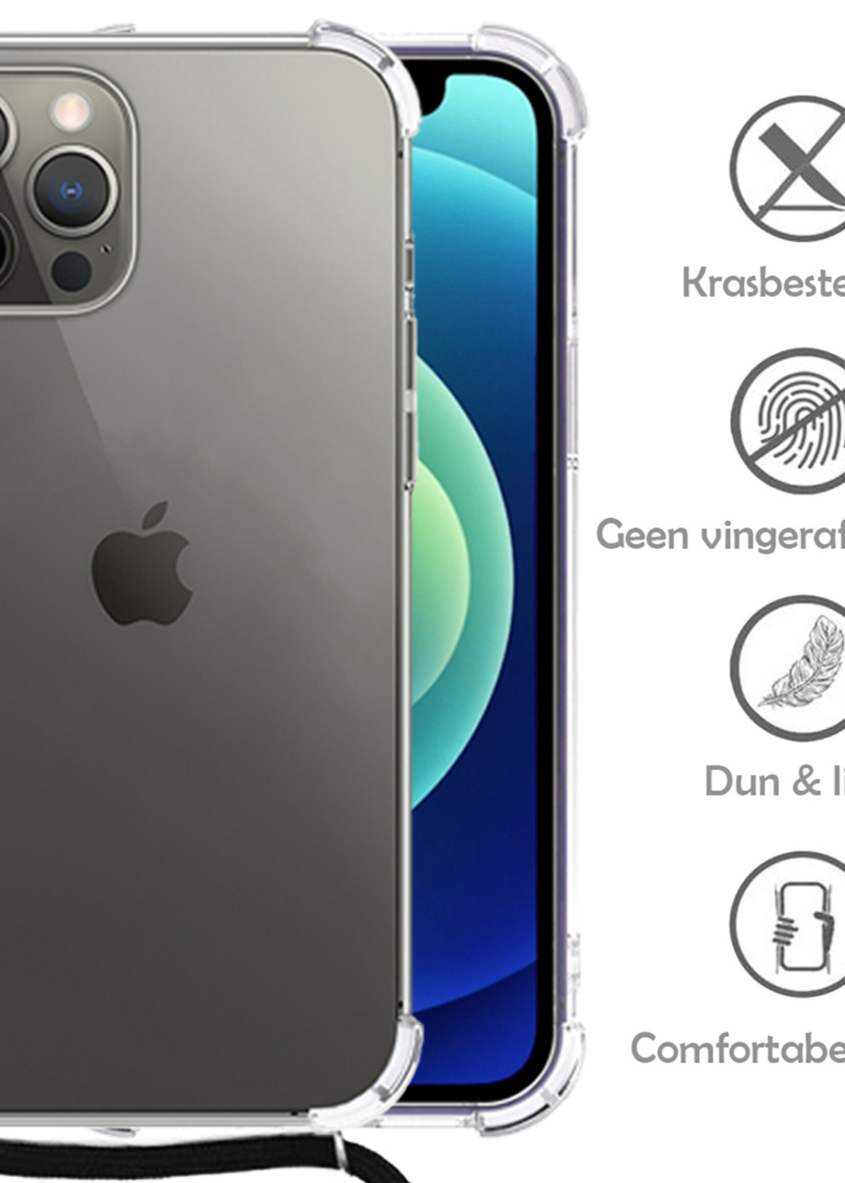 LUQ Hoesje Geschikt voor iPhone 12 Pro Max Hoesje Shockproof Case Siliconen Hoes Met Koord - Transparant