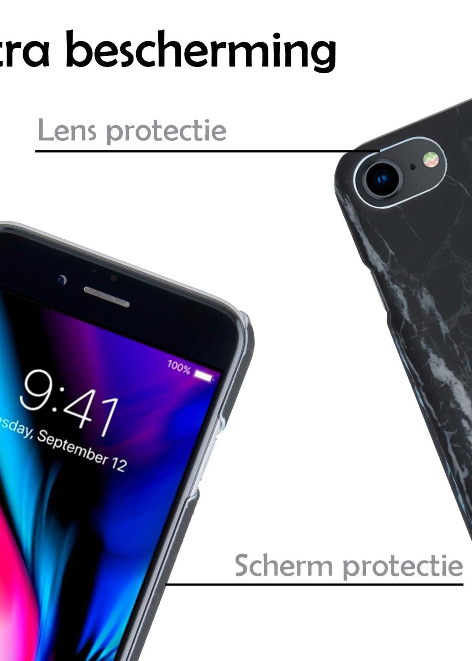 LUQ Hoesje Geschikt voor iPhone SE 2022 Hoesje Marmer Case Hard Cover Met 2x Screenprotector - Hoes Geschikt voor iPhone SE (2022) Case Marmer Hoesje Backcover - Zwart