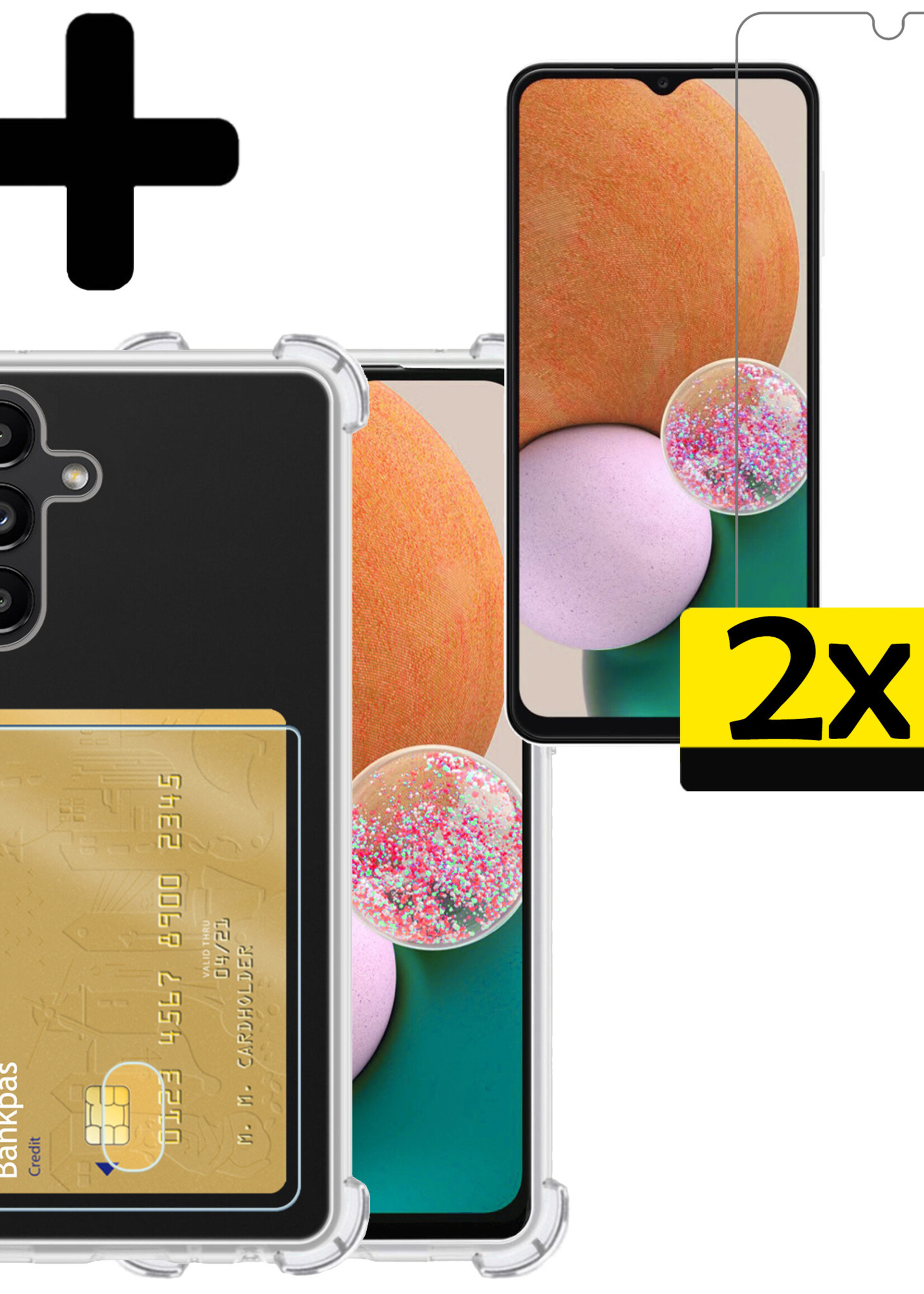 LUQ Hoesje Geschikt voor Samsung A13 4G Hoesje Case Pashouder Cover Siliconen Met 2x Screenprotector - Hoes Geschikt voor Samsung Galaxy A13 4G Hoesje Met Kaarthouder- Transparant