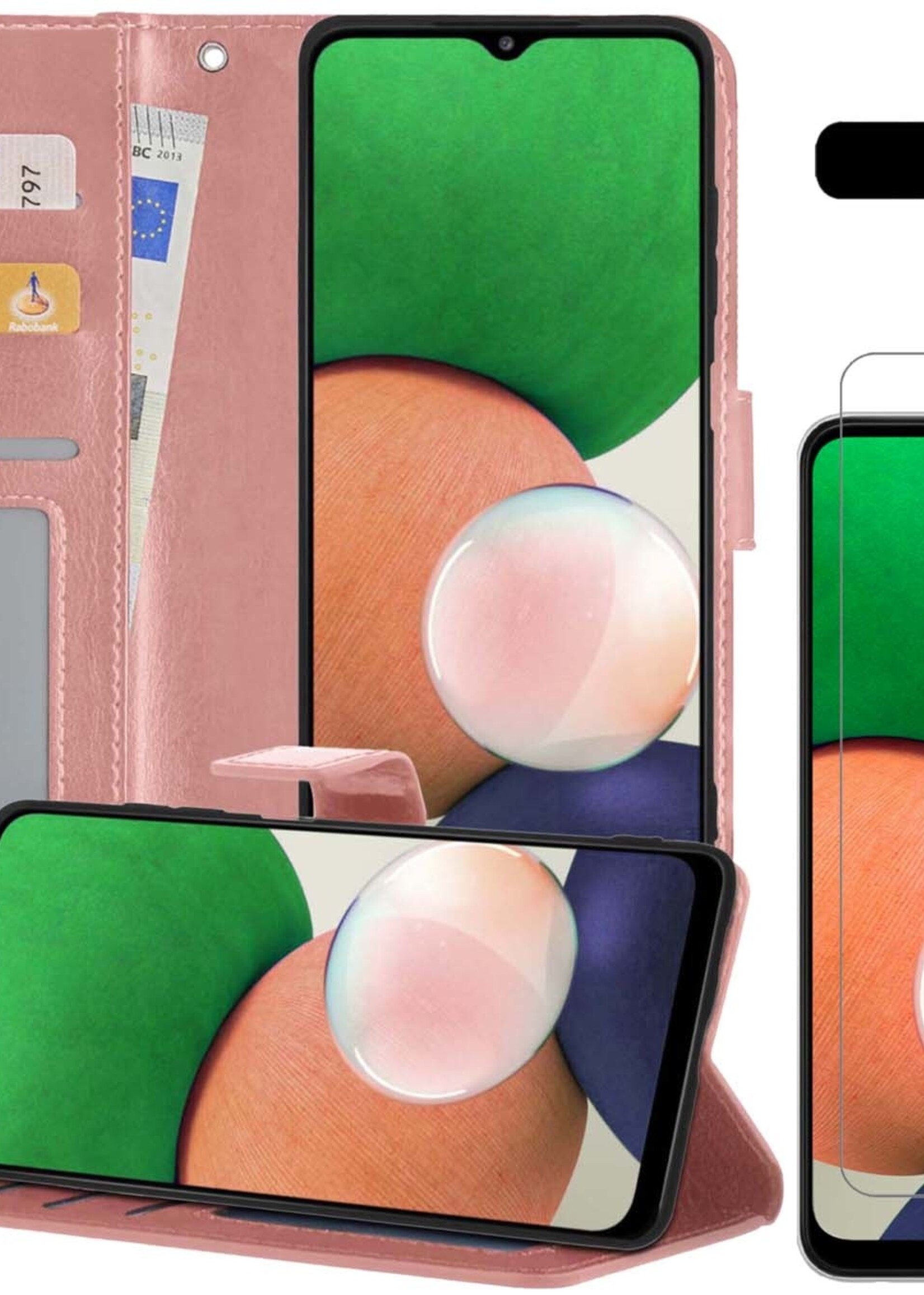 LUQ Hoesje Geschikt voor Samsung M22 Hoesje Book Case Hoes Wallet Cover Met Screenprotector - Hoes Geschikt voor Samsung Galaxy M22 Hoesje Bookcase Hoes - Rosé goud