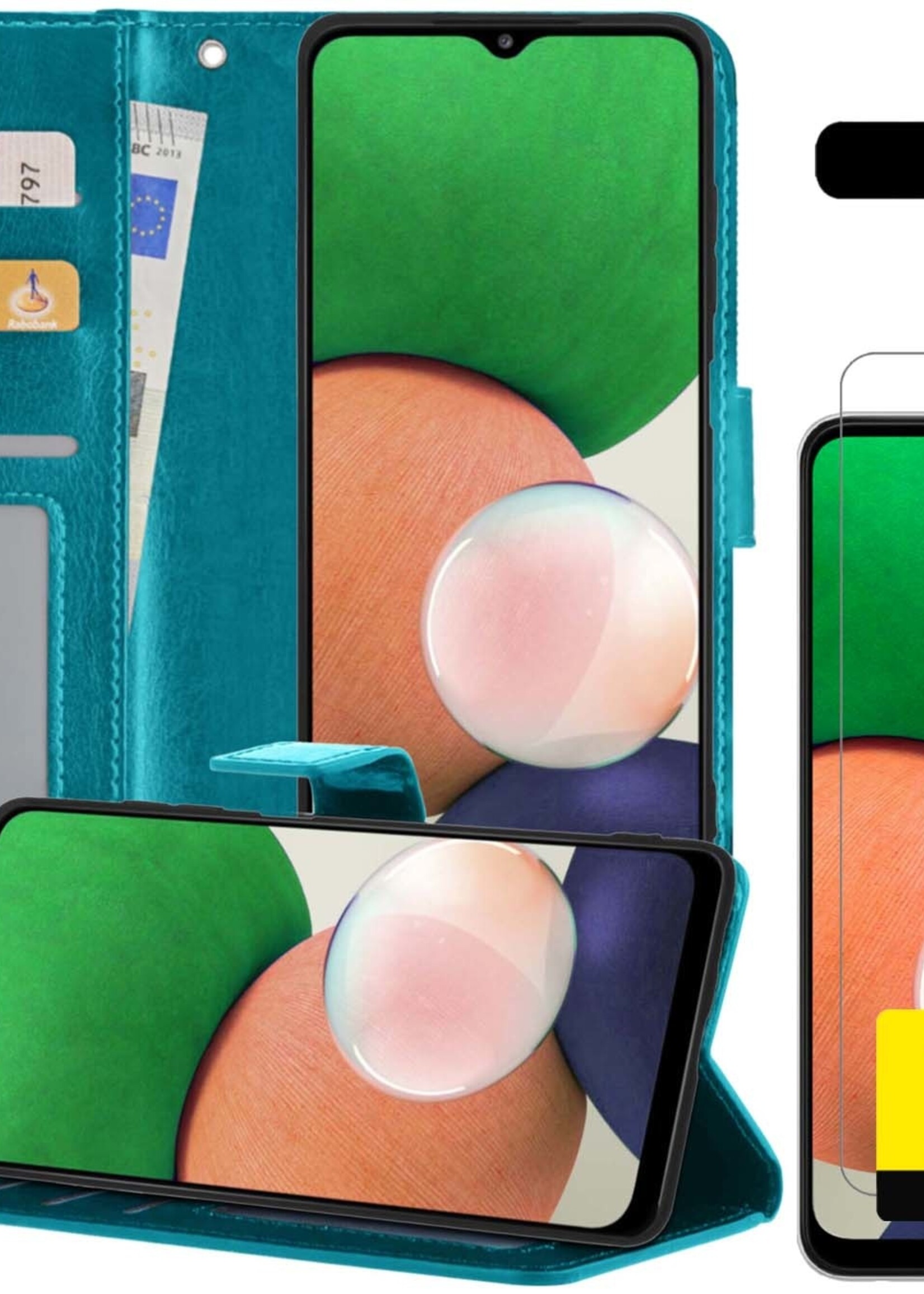 LUQ Hoesje Geschikt voor Samsung M22 Hoesje Book Case Hoes Wallet Cover Met 2x Screenprotector - Hoes Geschikt voor Samsung Galaxy M22 Hoesje Bookcase Hoes - Turquoise