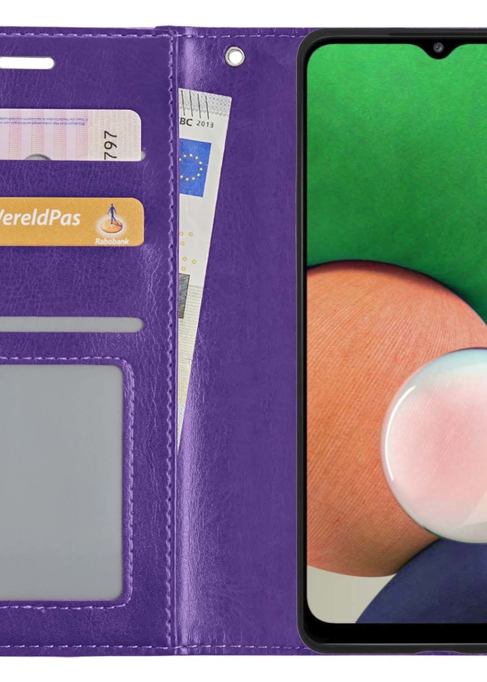 LUQ Hoesje Geschikt voor Samsung M22 Hoesje Book Case Hoes Wallet Cover Met 2x Screenprotector - Hoes Geschikt voor Samsung Galaxy M22 Hoesje Bookcase Hoes - Paars