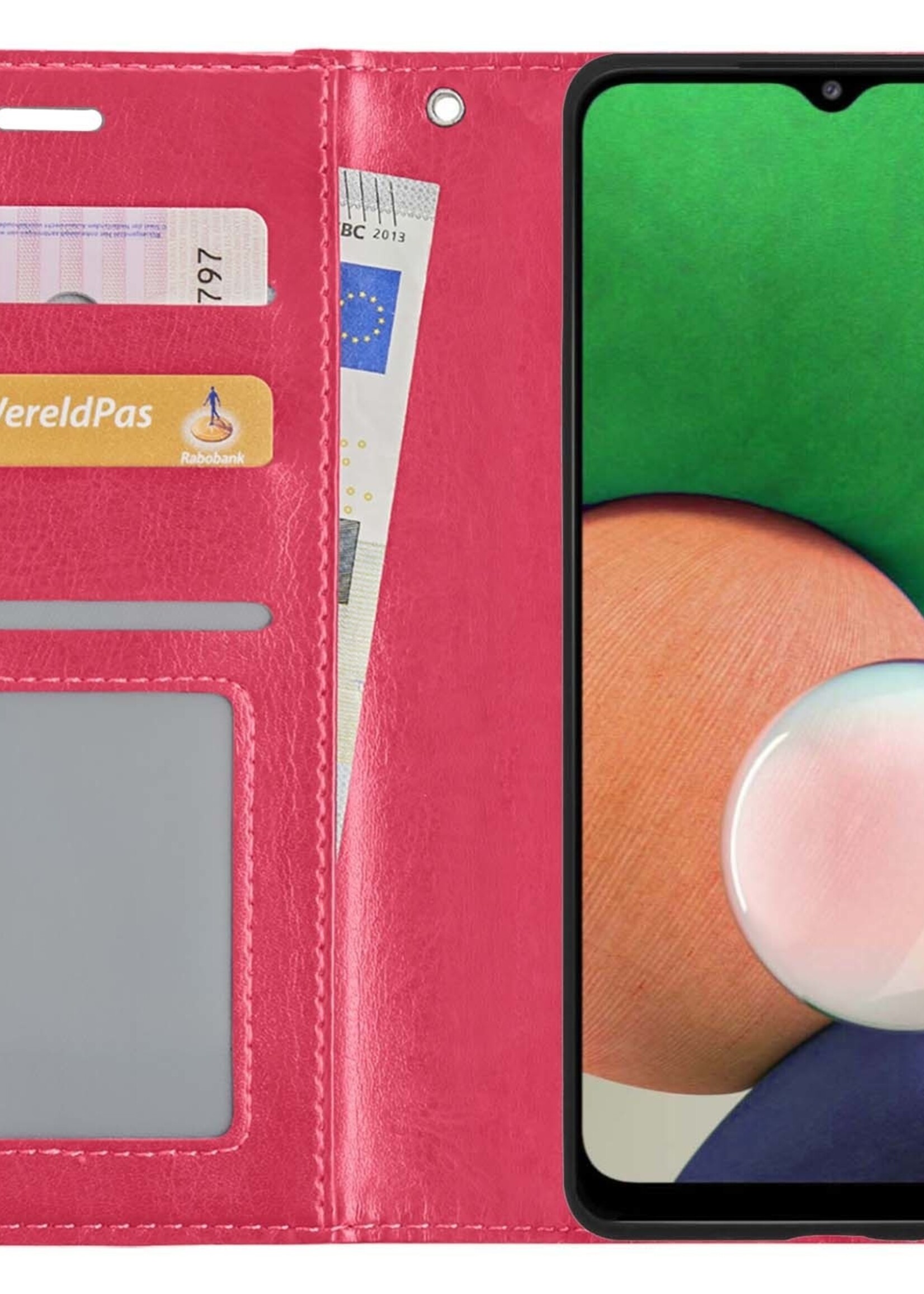 LUQ Hoesje Geschikt voor Samsung M22 Hoesje Book Case Hoes Wallet Cover Met 2x Screenprotector - Hoes Geschikt voor Samsung Galaxy M22 Hoesje Bookcase Hoes - Donkerroze