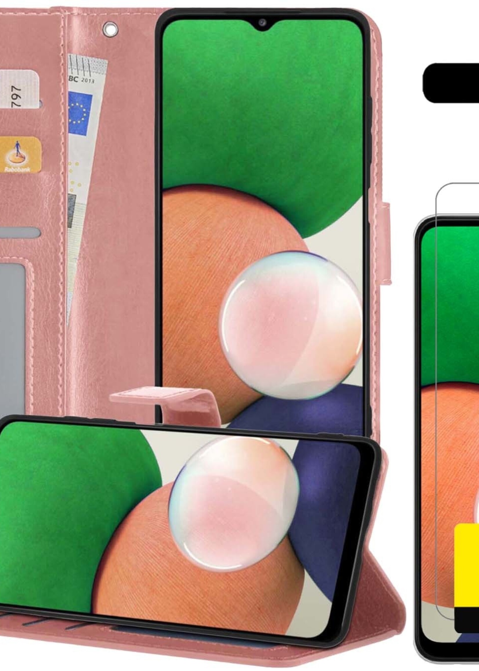 LUQ Hoesje Geschikt voor Samsung M22 Hoesje Book Case Hoes Wallet Cover Met 2x Screenprotector - Hoes Geschikt voor Samsung Galaxy M22 Hoesje Bookcase Hoes - Rosé goud