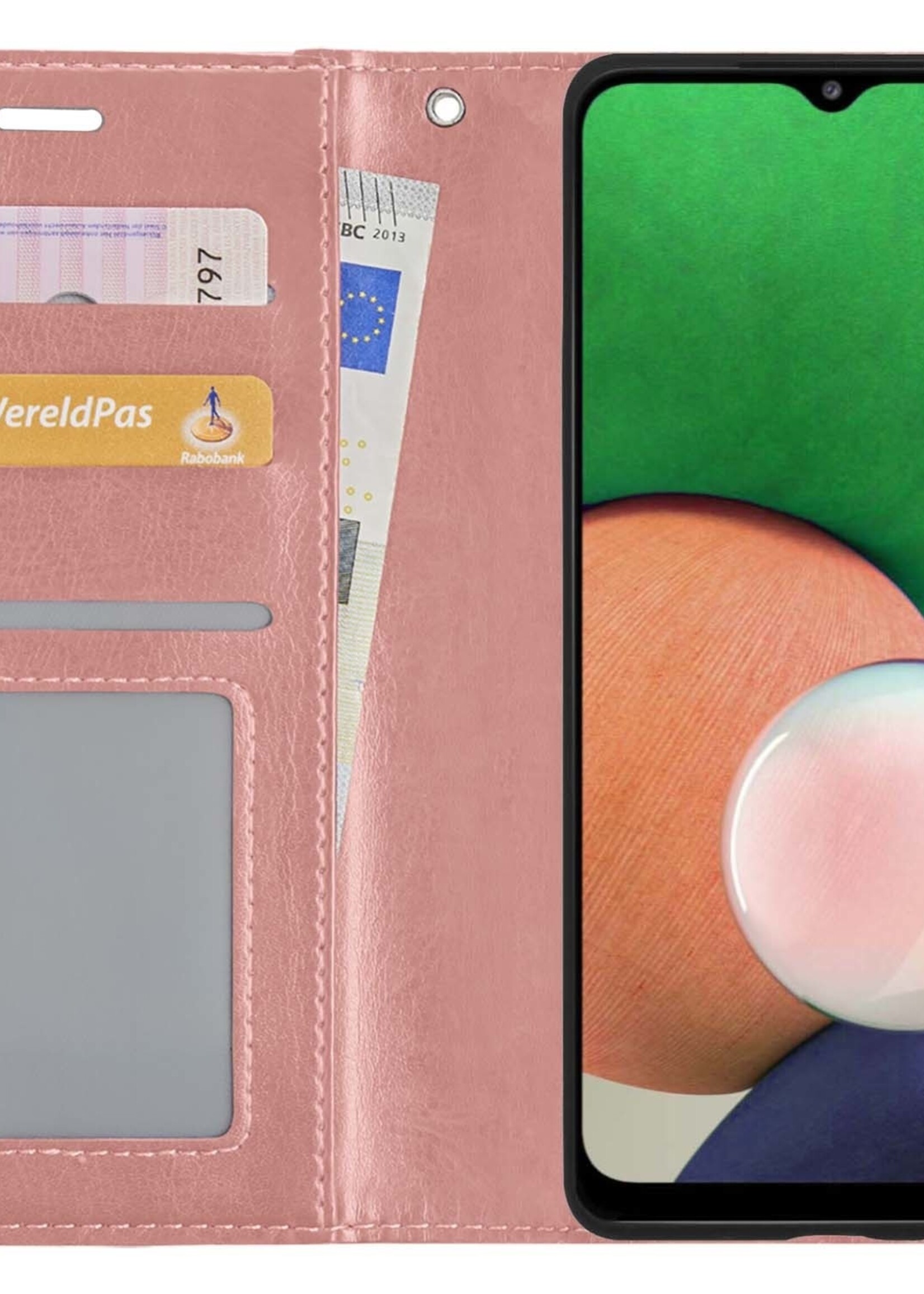 LUQ Hoesje Geschikt voor Samsung M22 Hoesje Book Case Hoes Wallet Cover Met 2x Screenprotector - Hoes Geschikt voor Samsung Galaxy M22 Hoesje Bookcase Hoes - Rosé goud