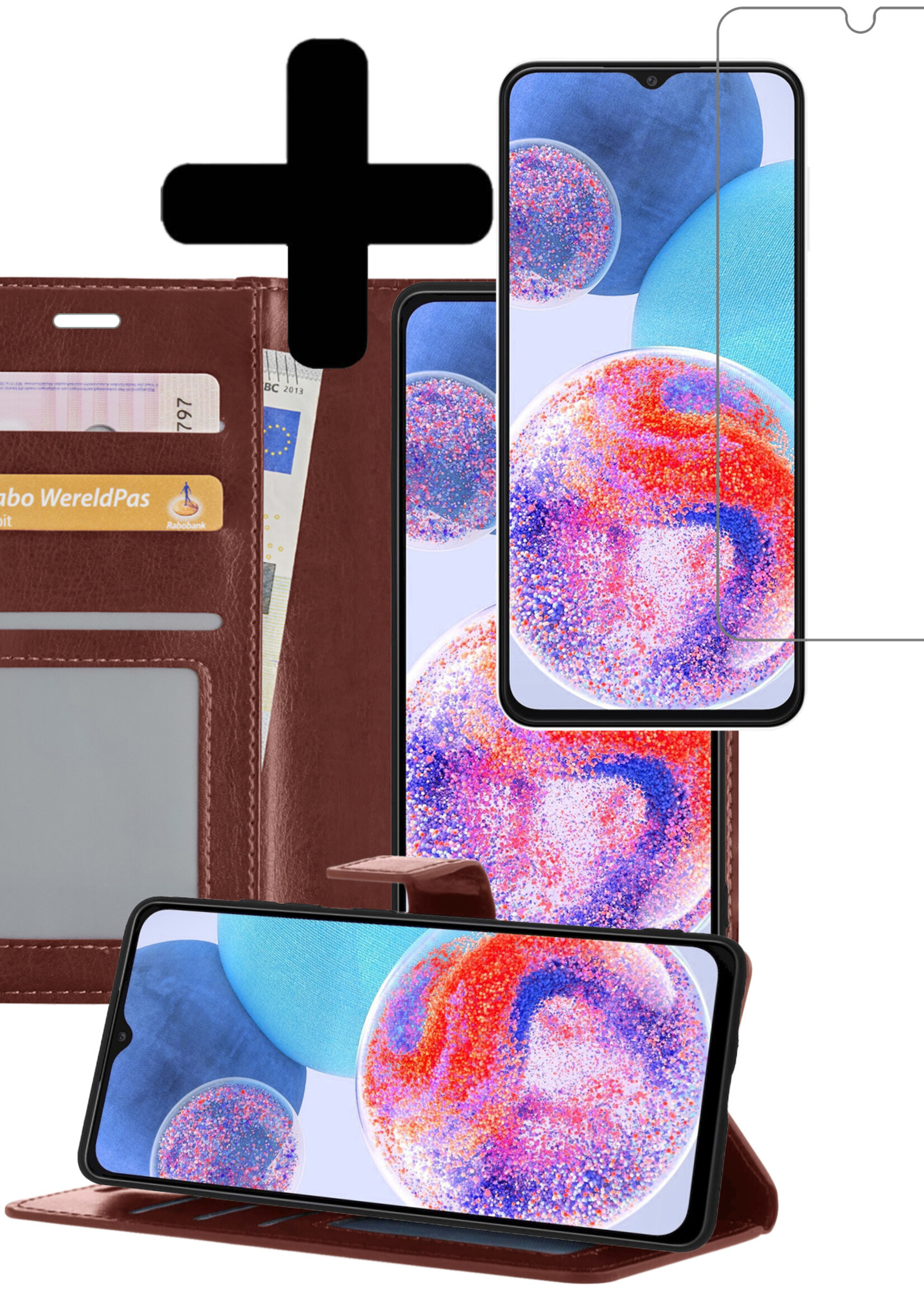 Hoesje Geschikt voor Samsung A23 Hoesje Book Case Hoes Wallet Cover Met Screenprotector - Hoes Geschikt voor Samsung Galaxy A23 Hoesje Bookcase Hoes - Bruin