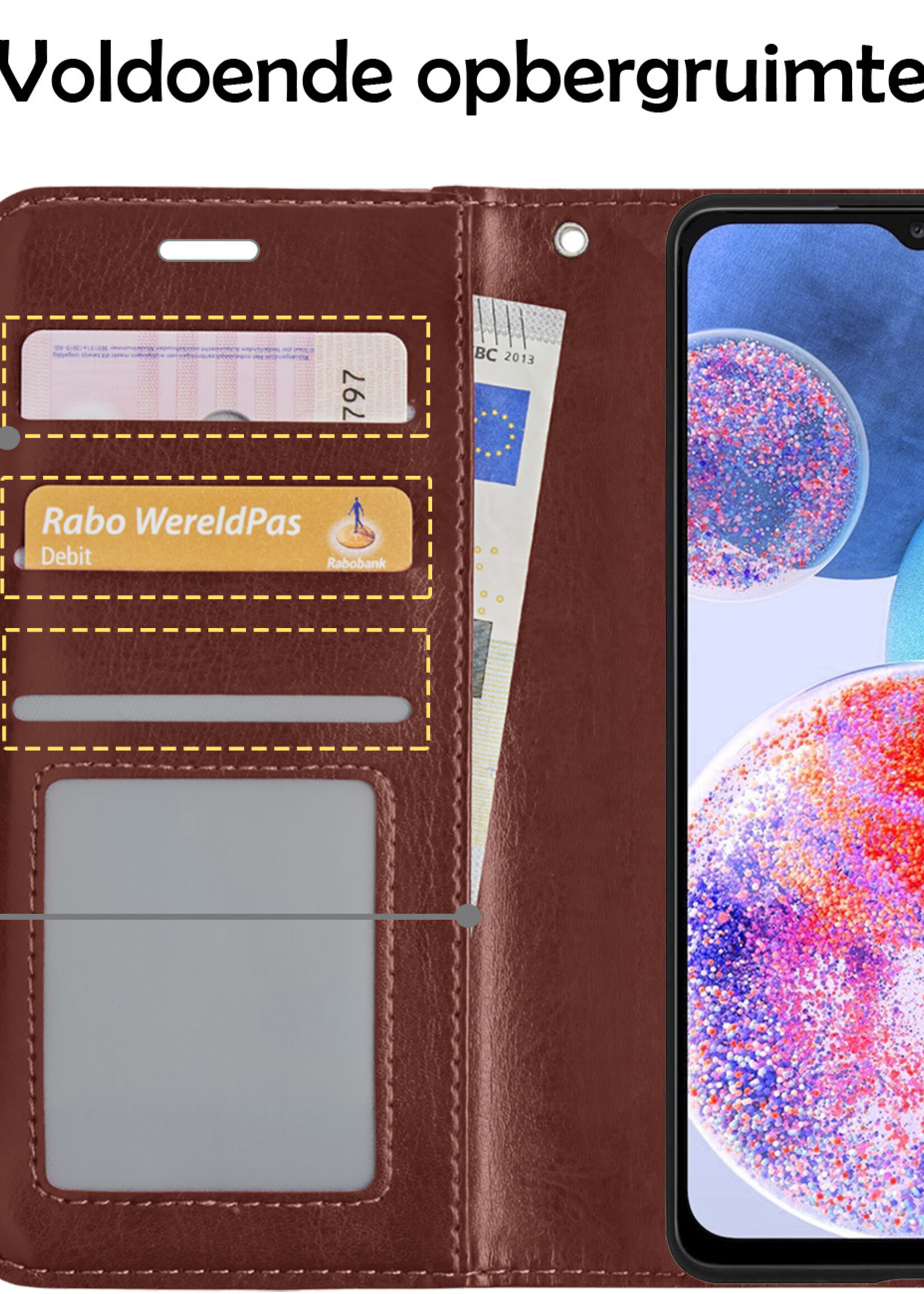 LUQ Hoesje Geschikt voor Samsung A23 Hoesje Book Case Hoes Wallet Cover Met Screenprotector - Hoes Geschikt voor Samsung Galaxy A23 Hoesje Bookcase Hoes - Bruin