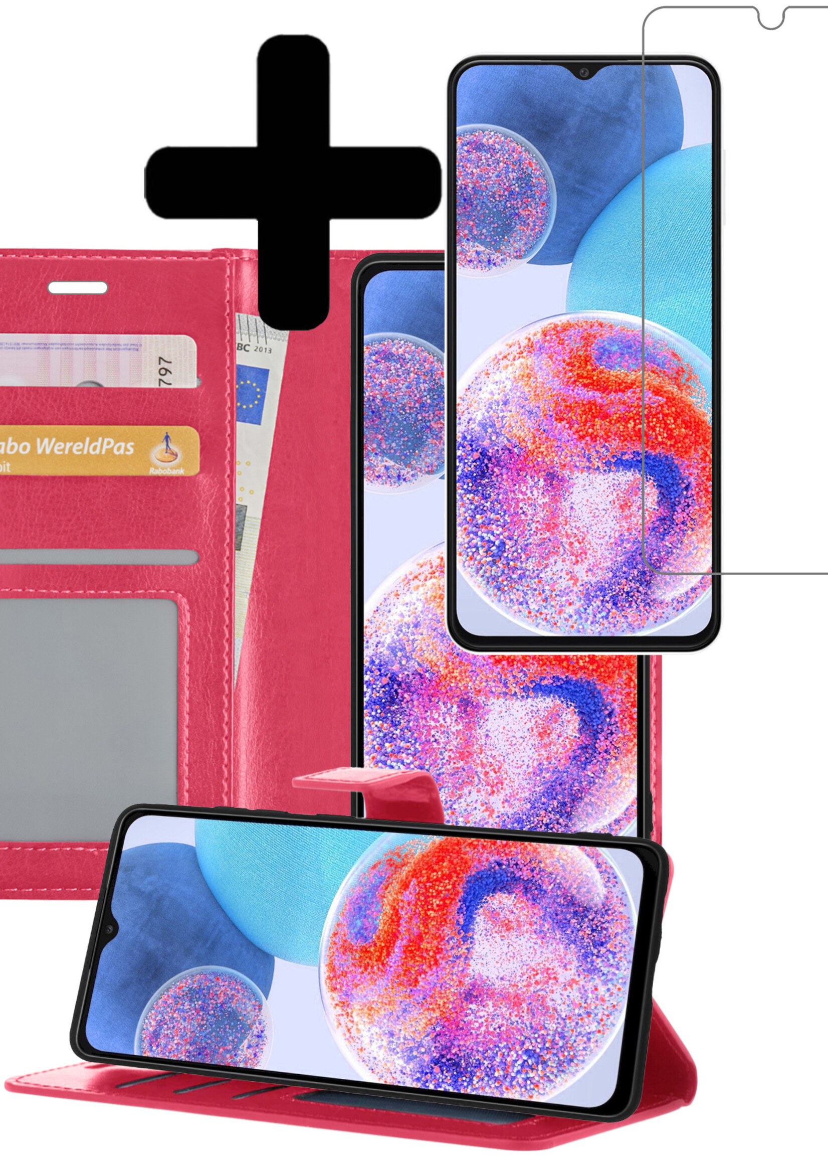 Hoesje Geschikt voor Samsung A23 Hoesje Book Case Hoes Wallet Cover Met Screenprotector - Hoes Geschikt voor Samsung Galaxy A23 Hoesje Bookcase Hoes - Donkerroze