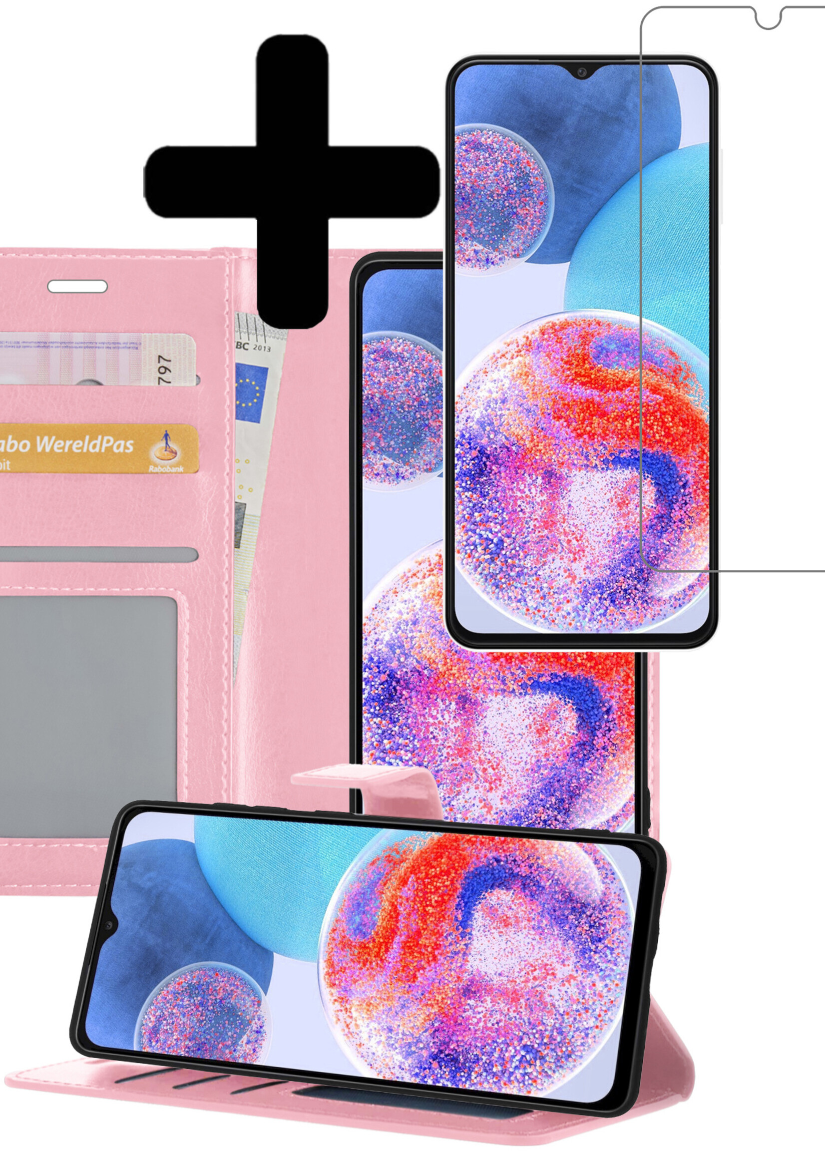LUQ Hoesje Geschikt voor Samsung A23 Hoesje Book Case Hoes Wallet Cover Met Screenprotector - Hoes Geschikt voor Samsung Galaxy A23 Hoesje Bookcase Hoes - Lichtroze
