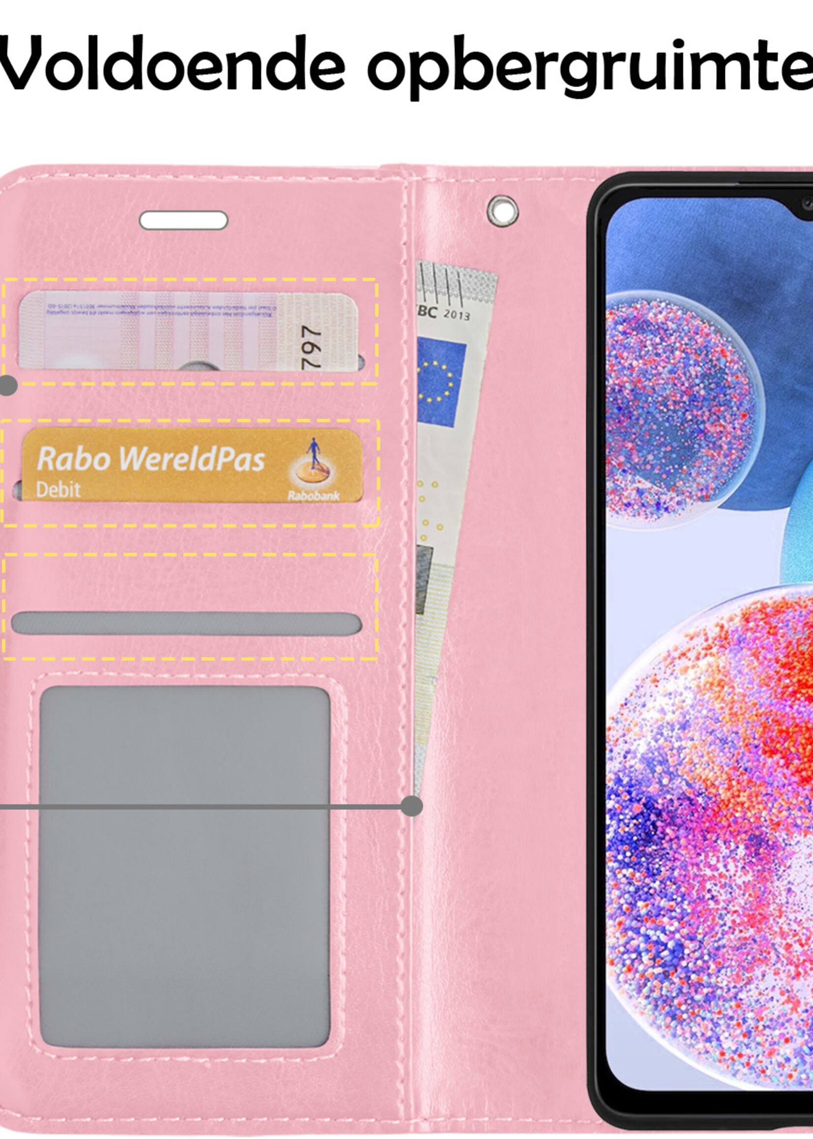 LUQ Hoesje Geschikt voor Samsung A23 Hoesje Book Case Hoes Wallet Cover Met Screenprotector - Hoes Geschikt voor Samsung Galaxy A23 Hoesje Bookcase Hoes - Lichtroze