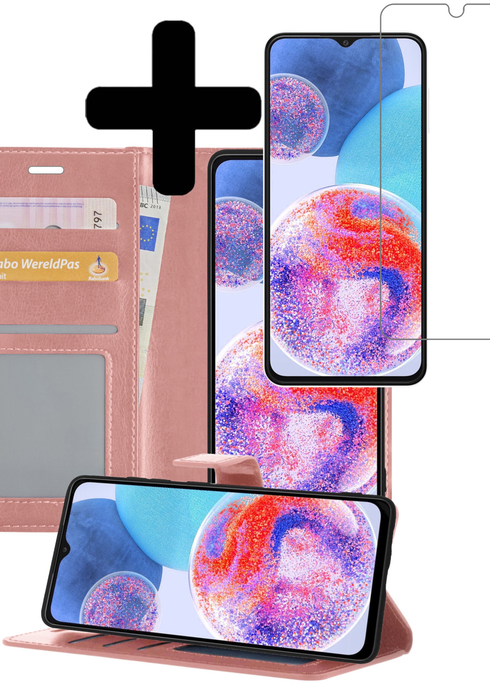 Hoesje Geschikt voor Samsung A23 Hoesje Book Case Hoes Wallet Cover Met Screenprotector - Hoes Geschikt voor Samsung Galaxy A23 Hoesje Bookcase Hoes - Rosé goud
