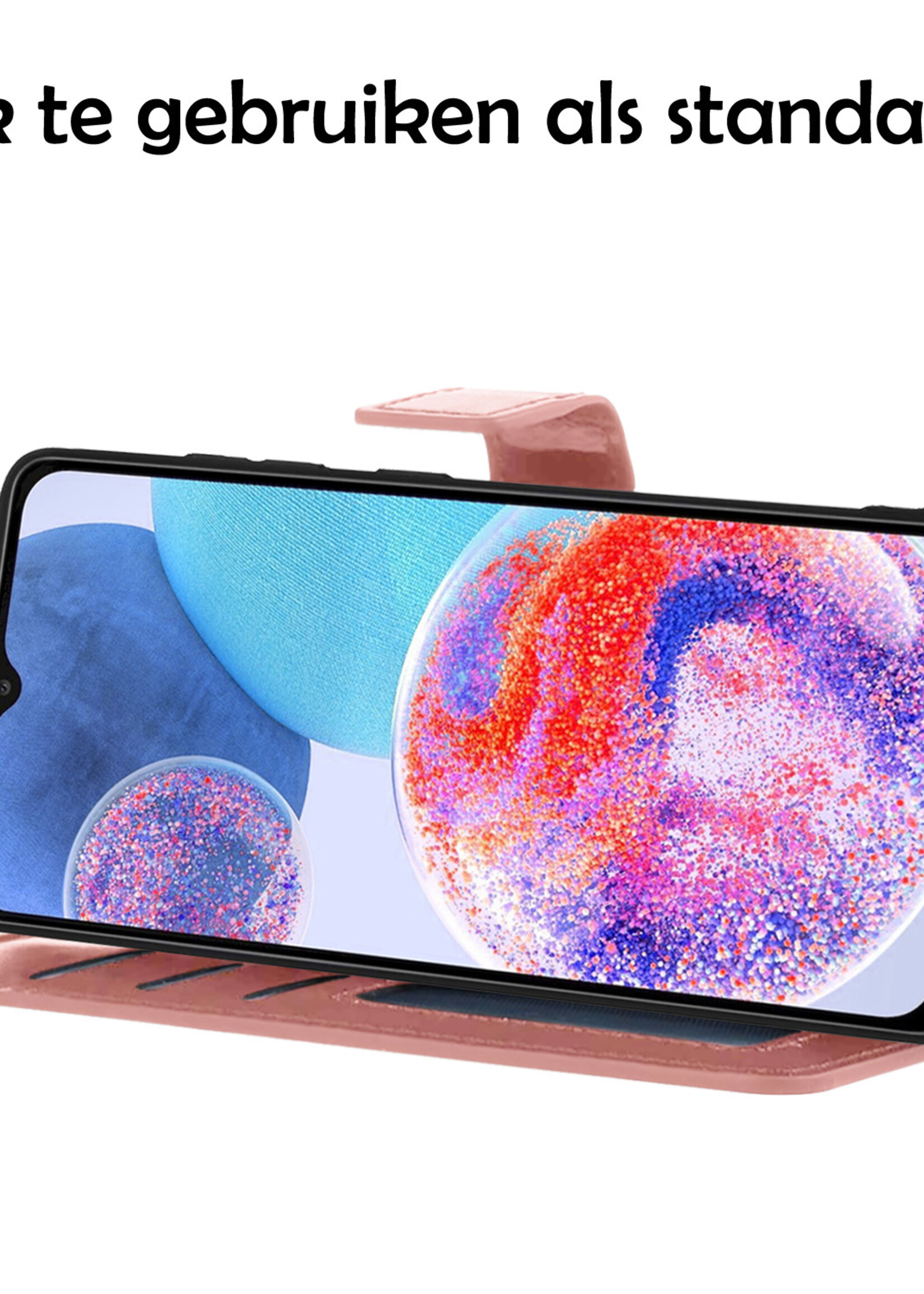 LUQ Hoesje Geschikt voor Samsung A23 Hoesje Book Case Hoes Wallet Cover Met Screenprotector - Hoes Geschikt voor Samsung Galaxy A23 Hoesje Bookcase Hoes - Rosé goud