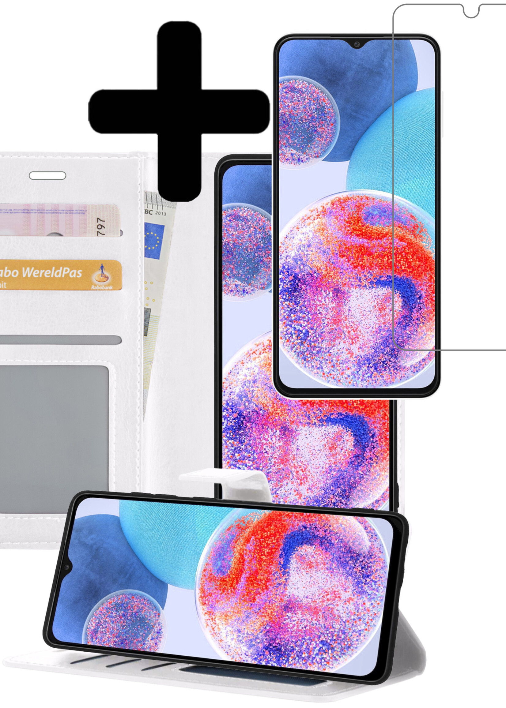 Hoesje Geschikt voor Samsung A23 Hoesje Book Case Hoes Wallet Cover Met Screenprotector - Hoes Geschikt voor Samsung Galaxy A23 Hoesje Bookcase Hoes - Wit