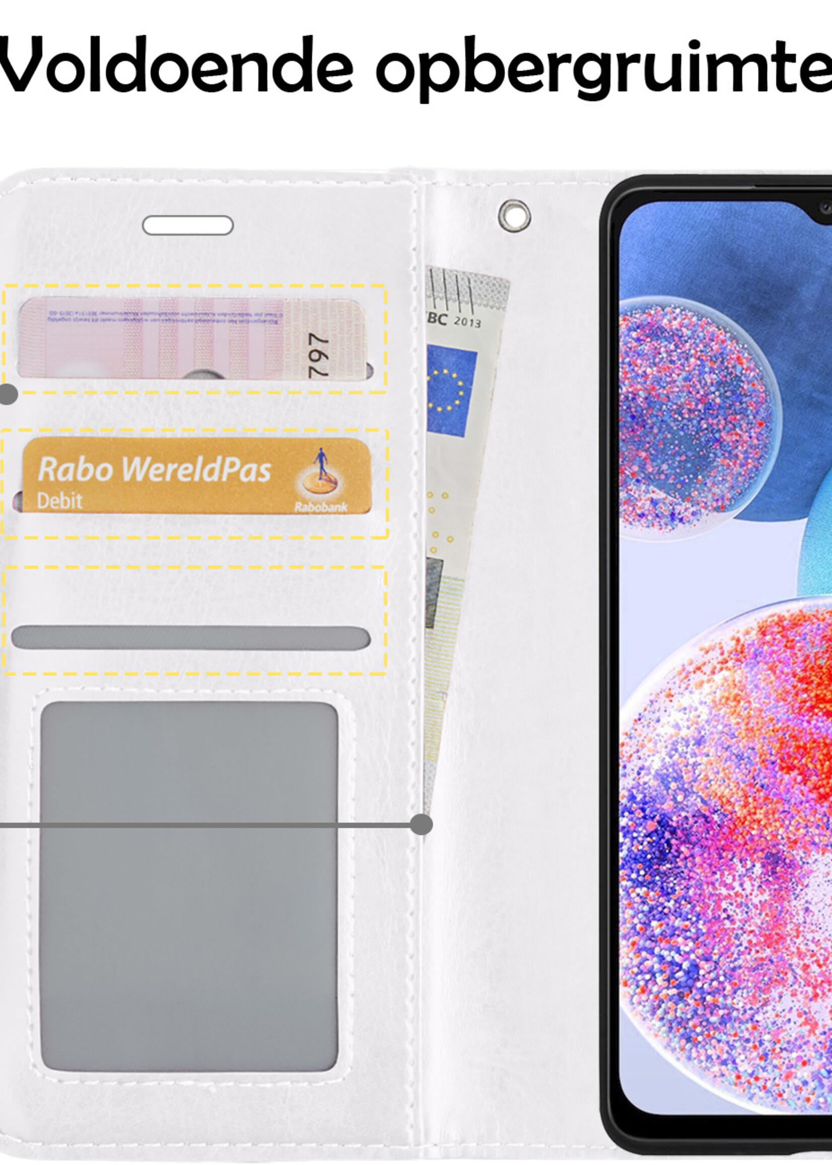 Hoesje Geschikt voor Samsung A23 Hoesje Book Case Hoes Wallet Cover Met Screenprotector - Hoes Geschikt voor Samsung Galaxy A23 Hoesje Bookcase Hoes - Wit