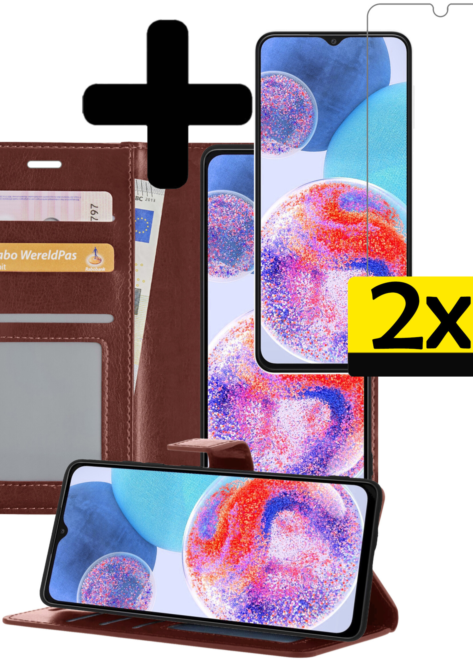 Hoesje Geschikt voor Samsung A23 Hoesje Book Case Hoes Wallet Cover Met 2x Screenprotector - Hoes Geschikt voor Samsung Galaxy A23 Hoesje Bookcase Hoes - Bruin