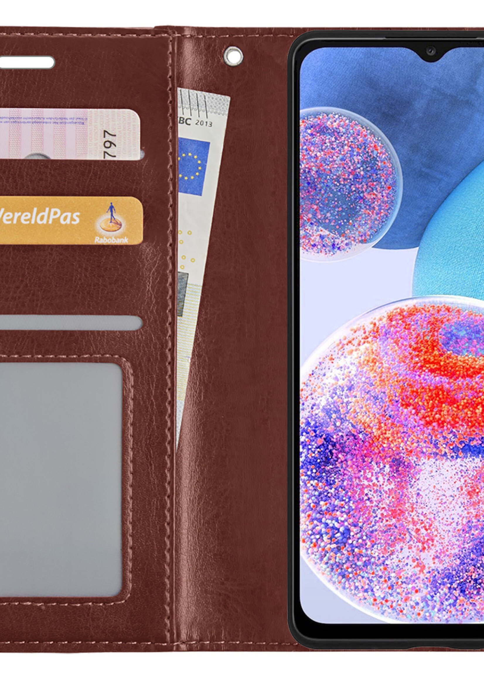 LUQ Hoesje Geschikt voor Samsung A23 Hoesje Book Case Hoes Wallet Cover Met 2x Screenprotector - Hoes Geschikt voor Samsung Galaxy A23 Hoesje Bookcase Hoes - Bruin